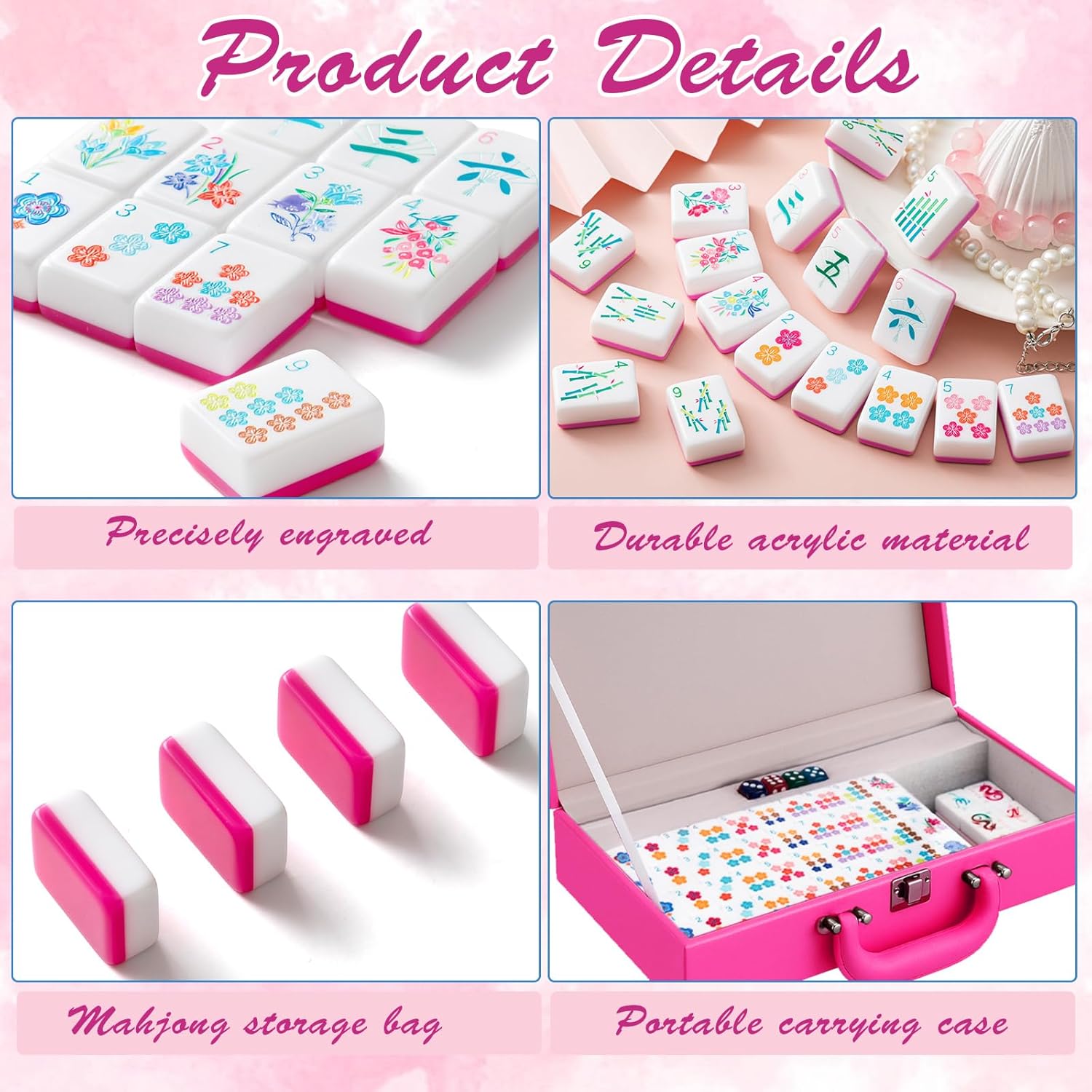 Soulchen 1.2 Inch Acrylic Rose Red American Mahjong Set 168 Blossom Numbered Tiles, Tiles Bag and Portable Case Classic Complete Mahjong Set for Adult Collection Gift