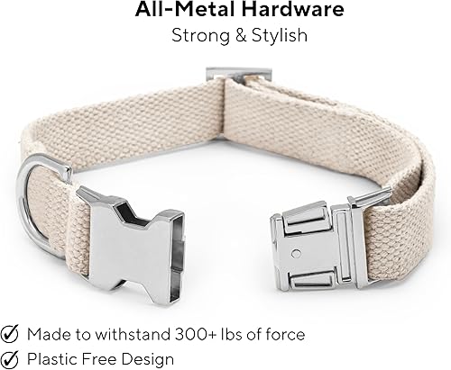 Miniatura 4 de Frezco Collar de perro minimalista ultra duradero, 100% algodón natural y hebilla totalmente metálica, fuerte 300 libras, perfecto para perros
