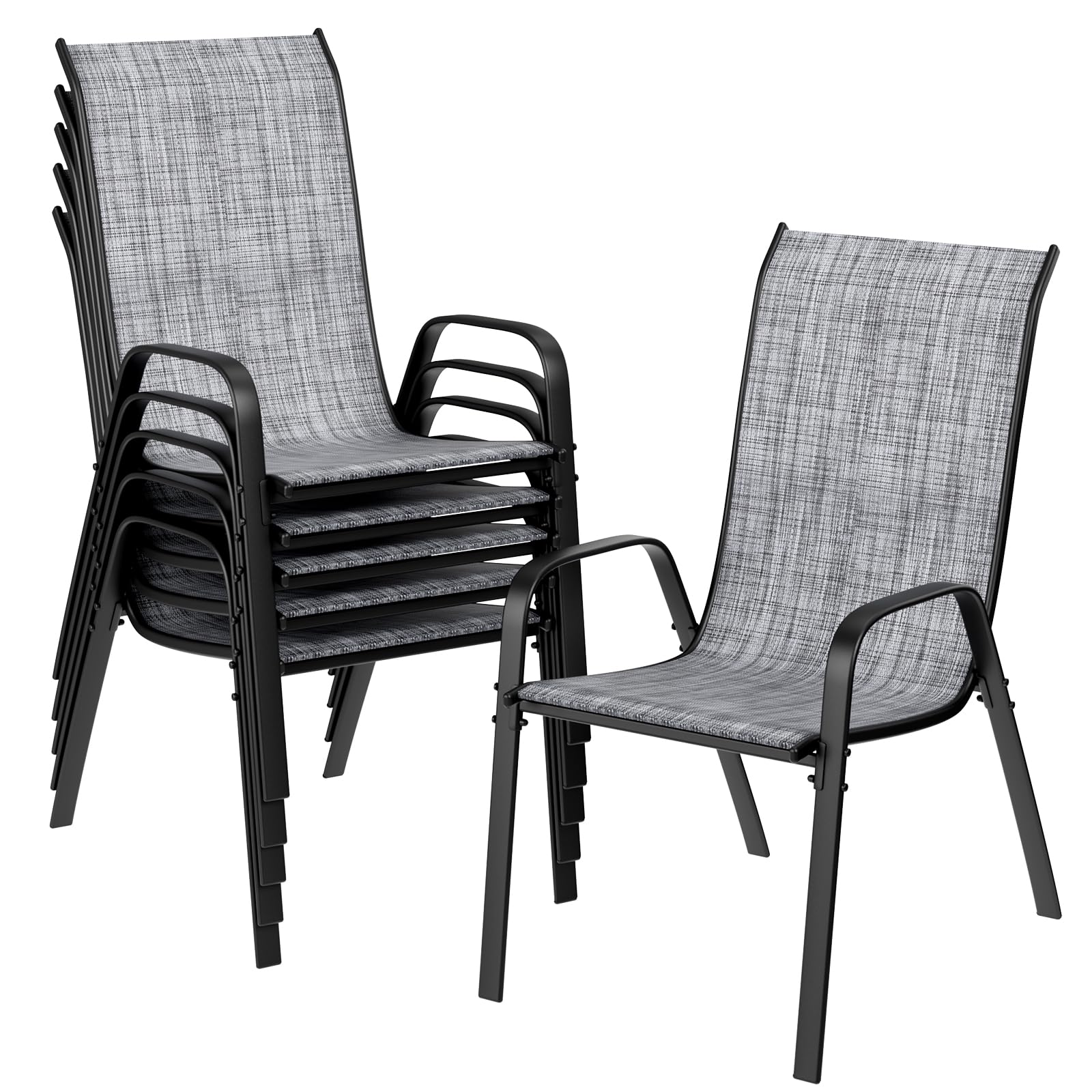 LIFERUN Sedia da giardino impilabile, da campeggio, impilabile, con schienale alto, in acciaio textilene, per giardini, cortili, balconi, ristoranti, 150 kg, portata: 54 x 69 x 93 cm 6pcs Lino grigio