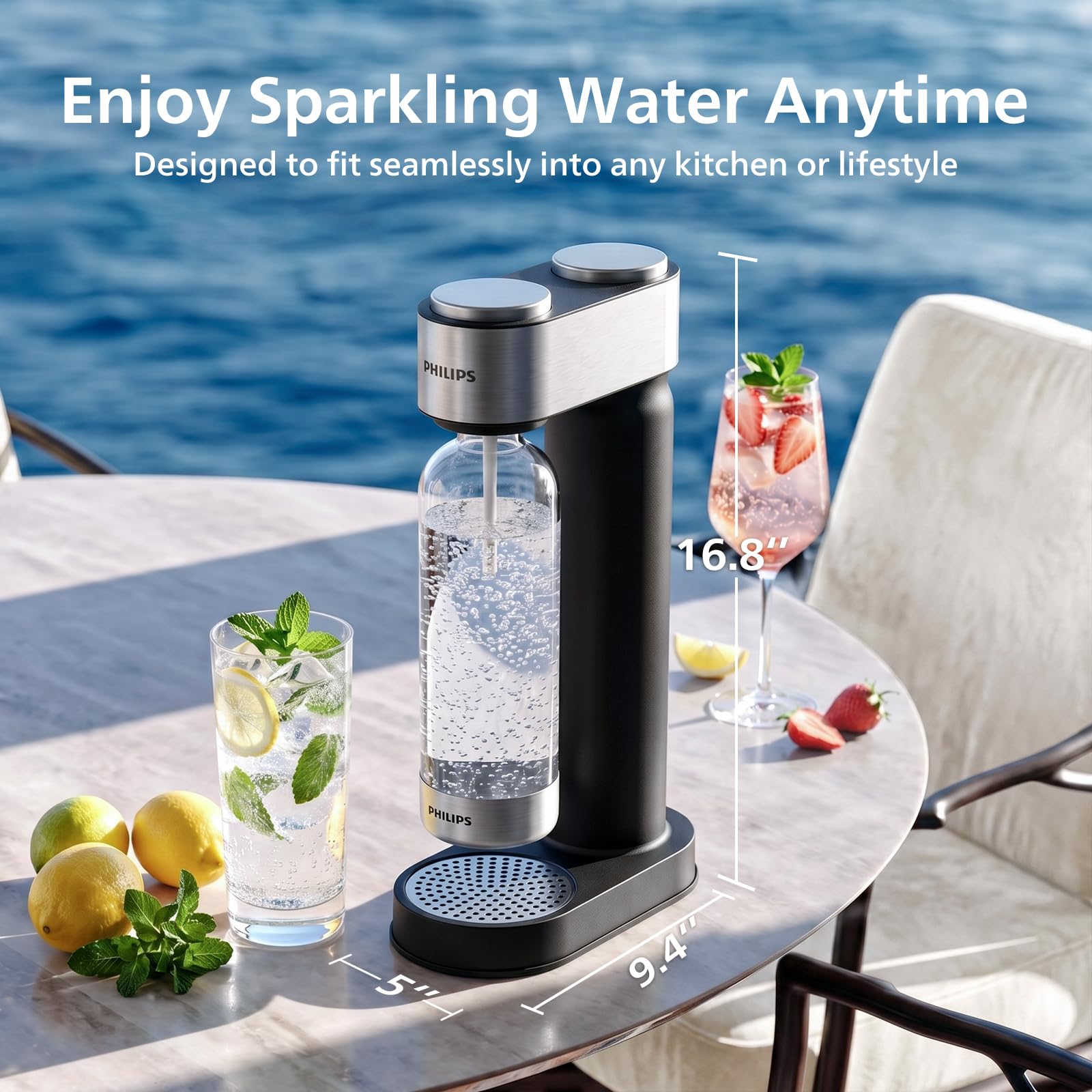 Philips Machine à eau pétillante en acier inoxydable pour la maison avec bouteille de gazéification en PET sans BPA de 1 L, compatible avec n'importe quel gazéificateur de CO2 à visser de 60 L (non