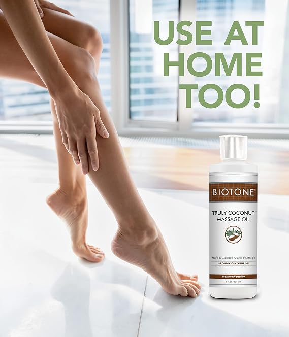 BIOTONE Truly Coconut Massage Oil with Organic Coconut Oil, Melts Away Tension and Promotes Deep Relaxation, Light, Versatile, Long-Lasting, Easy Wash-Out, Can Also Use as a Bodycare Oil