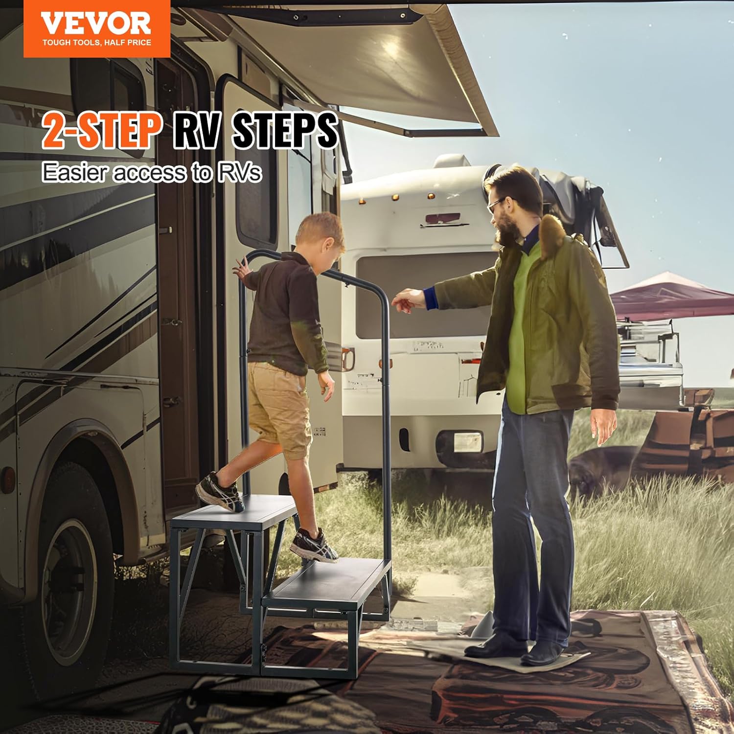 VEVOR RV Steps, 2-Step RV Stairs, 440 LBS Load Capacity, Thickened Carbon Steel, with Handrail, Non-Slip Steps for Safe Entry and Exit, Suit for RV, Trailer, Camper Steps
