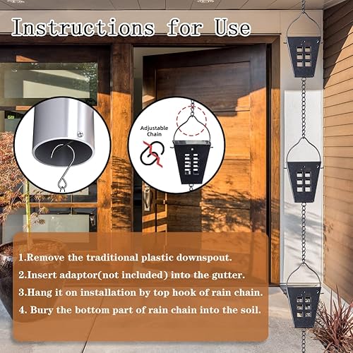Miniatura 6 de Cadena cuadrada de lluvia, cadenas negras de 10 pies con 12 tazas, cadena de captura de lluvia ajustable con campana para drenaje de aleros,