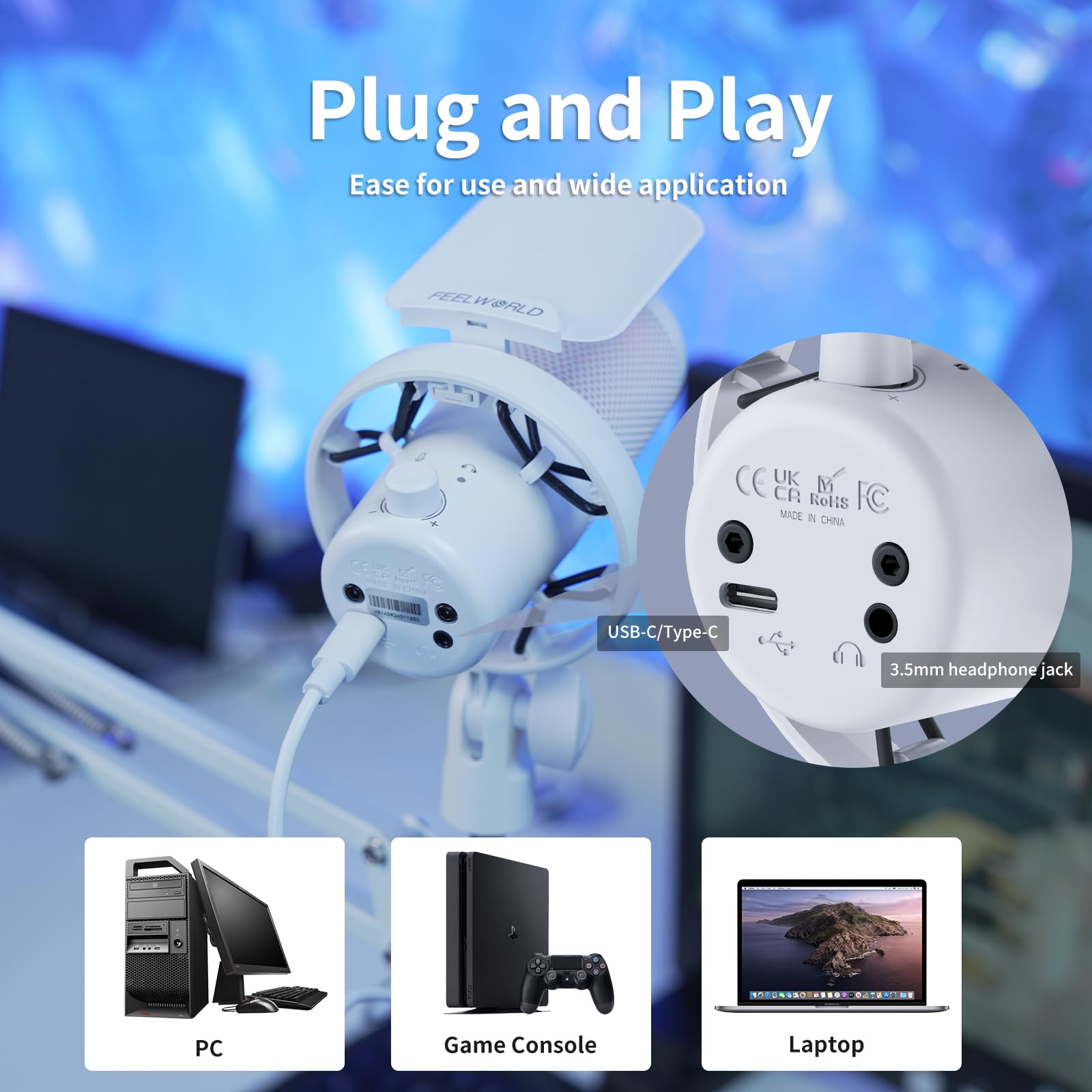 FEELWORLD VM1 - Micrófono condensador USB para juegos, cancelación de ruido, botón de silencio, luz RGB para PC PS4 PS5, podcast/YouTube/Twitch Streaming, chat en línea, grabación, accesorios de