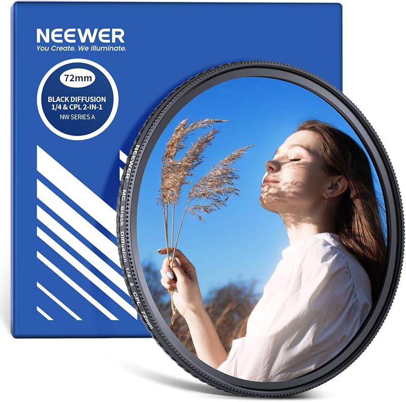 2 in 1 CPL + Black Diffusion 1/4 Filter for Mist Cinematic Effect, Multicoated Circular Polarizing Soft Dreamy Camera Lens Effect Filter with Slim Frame, 72mm