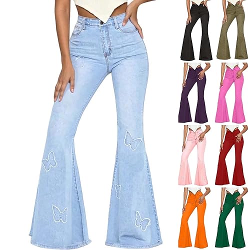 Bell Bottom Jeans for Women Butterfly Embroidered Graphic Elastic High Waisted Jean Raw Hem Denim Pants with Pockets - Small - A001light Blue