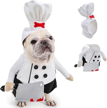 Dog Chef Costume - Halloween Scary Dog Costume with Knife and Hat, Pet Murderer Costumes Killer Cosplay Outfit with Arms, Trimmable Hook & Loop Fastener for Fitting Small Medium Large Dogs