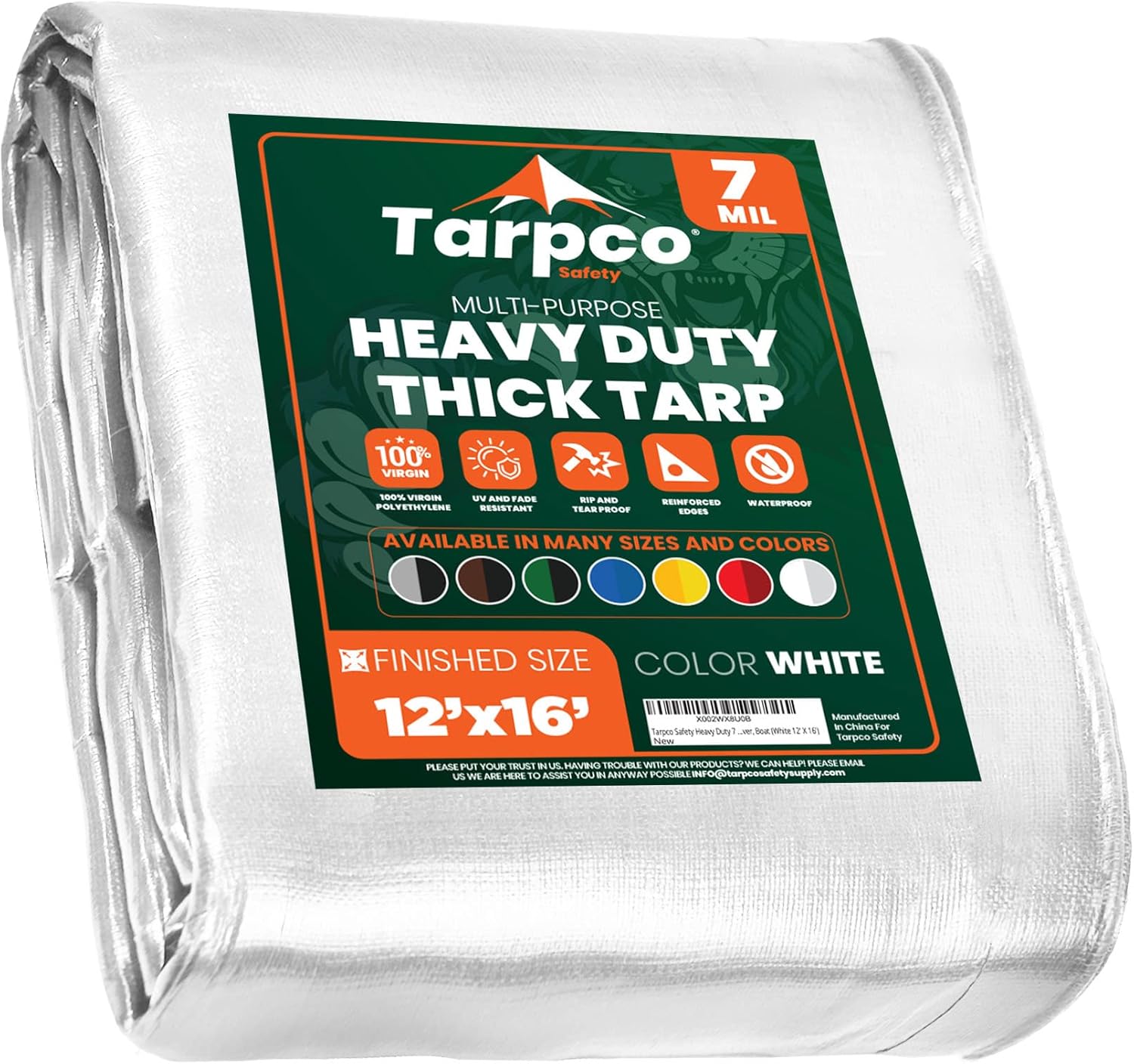 Tarpco Safety Heavy Duty 7 Mil Tarp Cover, Waterproof, UV Resistant, Rip and Tear Proof, Poly Tarpaulin with Reinforced Edges for Roof, Camping, Patio, Pool Cover, Boat (White 12 X 16)