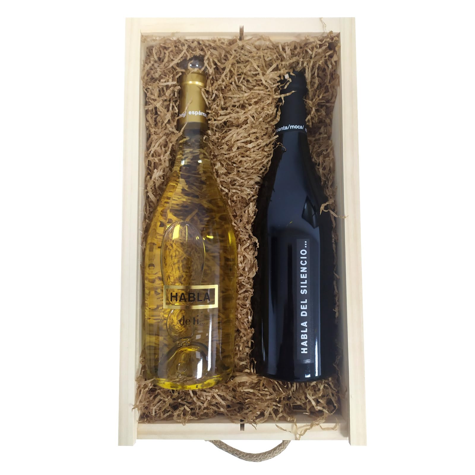 Deliex delicias de Extremadura. Caja de madera con vinos Habla del Silencio y Habla de ti, lote de vinos para regalos a hombres y mujeres.