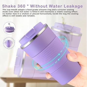 Travel Mug, Insulated Coffee Cup with Leakproof Lid, Reusable Coffee Cups Travel Cup, Stainless Steel thermaol Mug for Hot Cold Drinks (Purple 380ml)