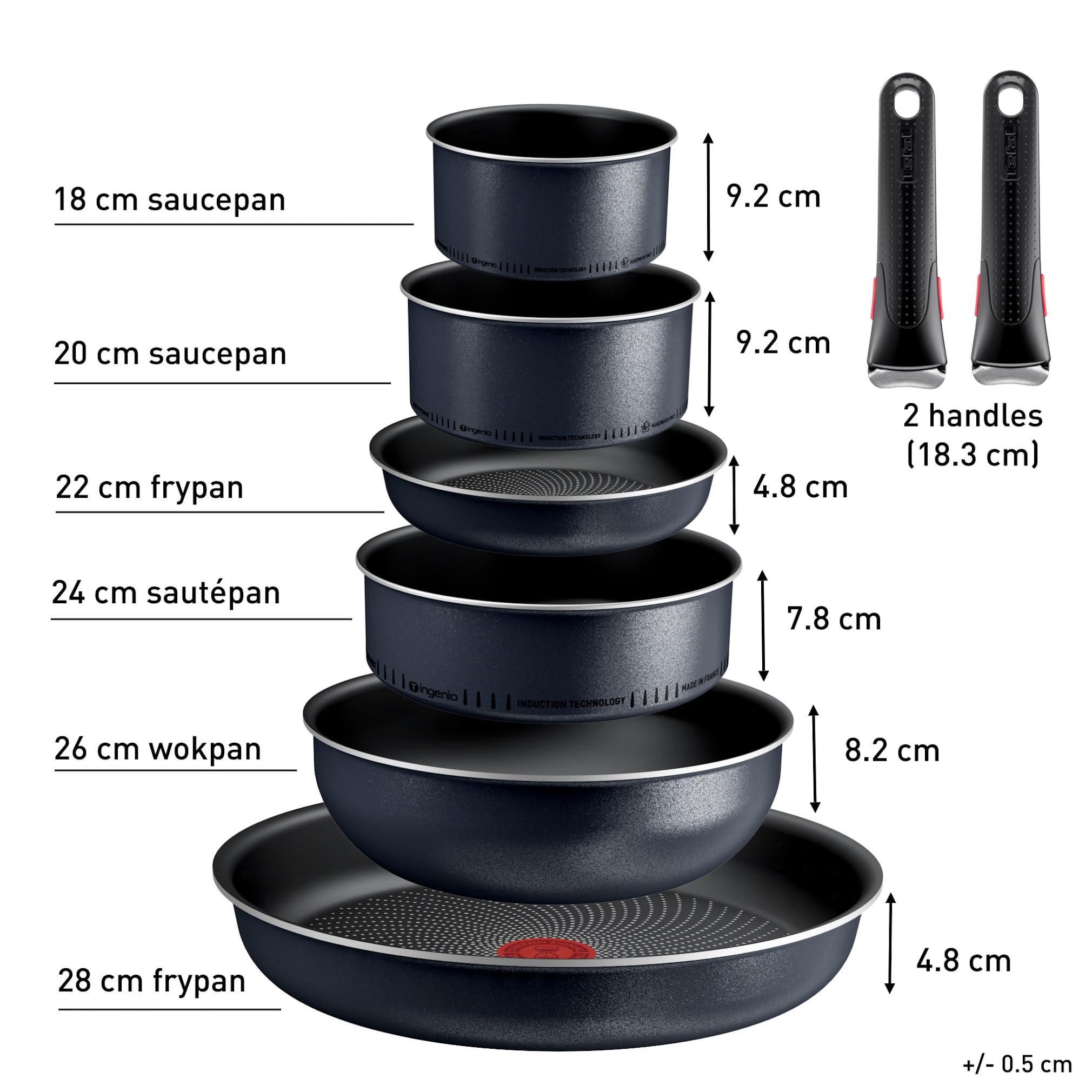 Tefal Ingenio Enjoy, Batterie de cuisine 8pièces, Poêles et casseroles légères, Technologie Light Tech, Poignée amovible, Revêtement Titane antiadhésif
