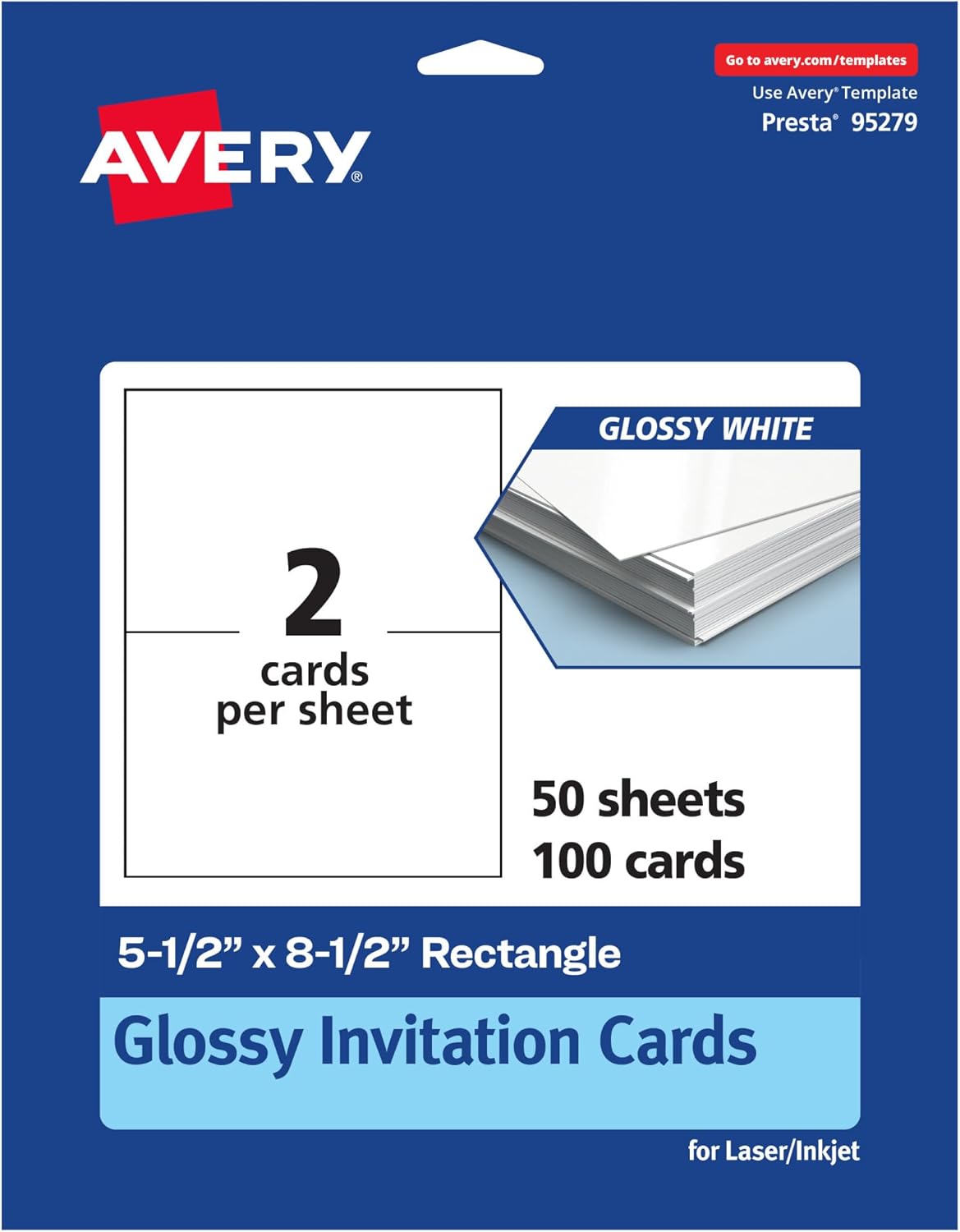 Avery Printable Rectangle Invitation Cards, 5.5" x 8.5", Glossy White Cardstock, Laser/Inkjet Cards, 100 Total