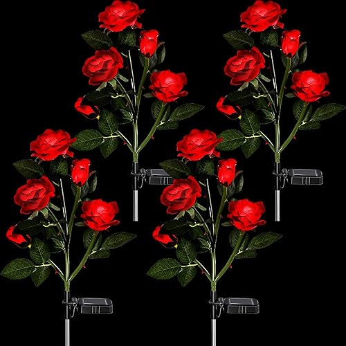 Paquete de 4 luces solares para exteriores con 20 rosas impermeables realistas alimentadas por energía solar, luces decorativas impermeables para
