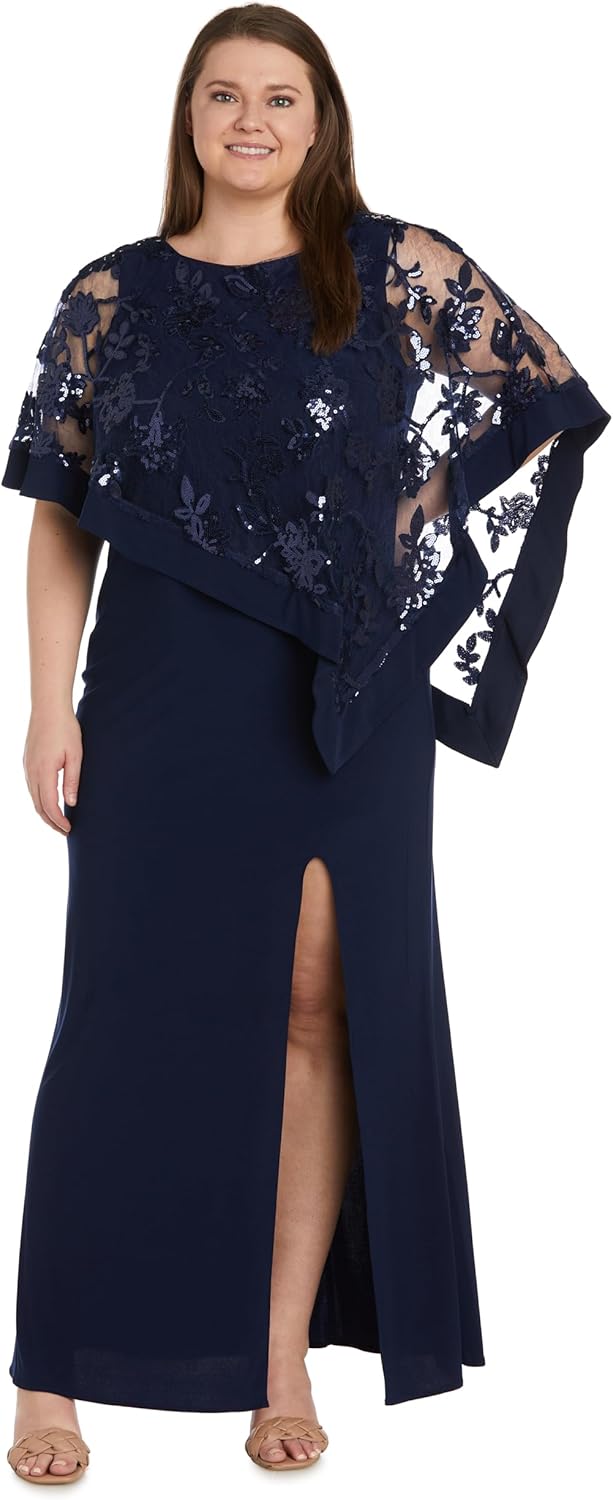 R&M Richards Women's Glamorous Sequin Lace Poncho Dress W/Side Slit - Elegant Evening Cocktail Gown - Image 4