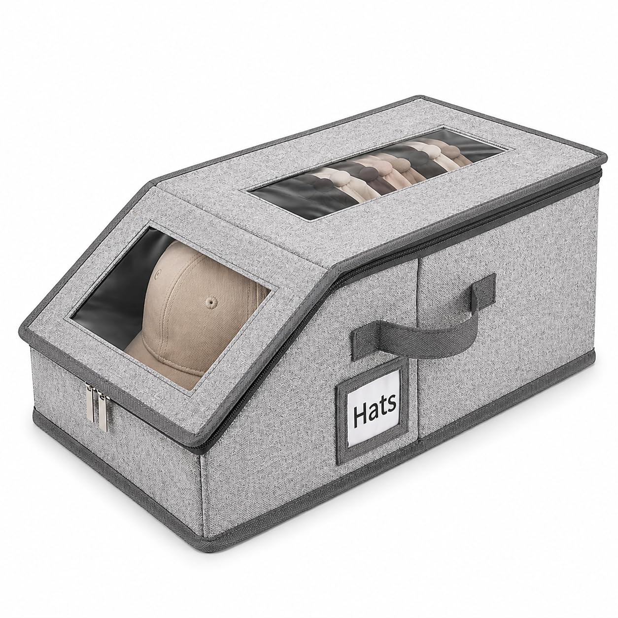 Binbe Double Window Dark Gray Baseball Cap Storage Stackable Cap Hat Storage With Carrying Handles & Lid Dust-Proof Double-Pane, Gray