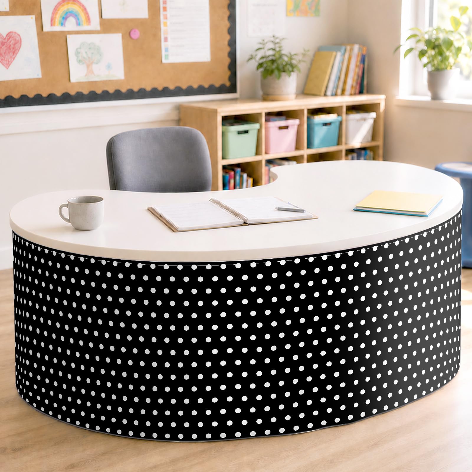 9FT Black Base White Polka Dots Table Skirt Teacher Desk Skirt for Black and White Classroom Decor Rectangle Table Cover for Back to School Party Supplies Kindergarten Office Dorm Bookcase Cabinet
