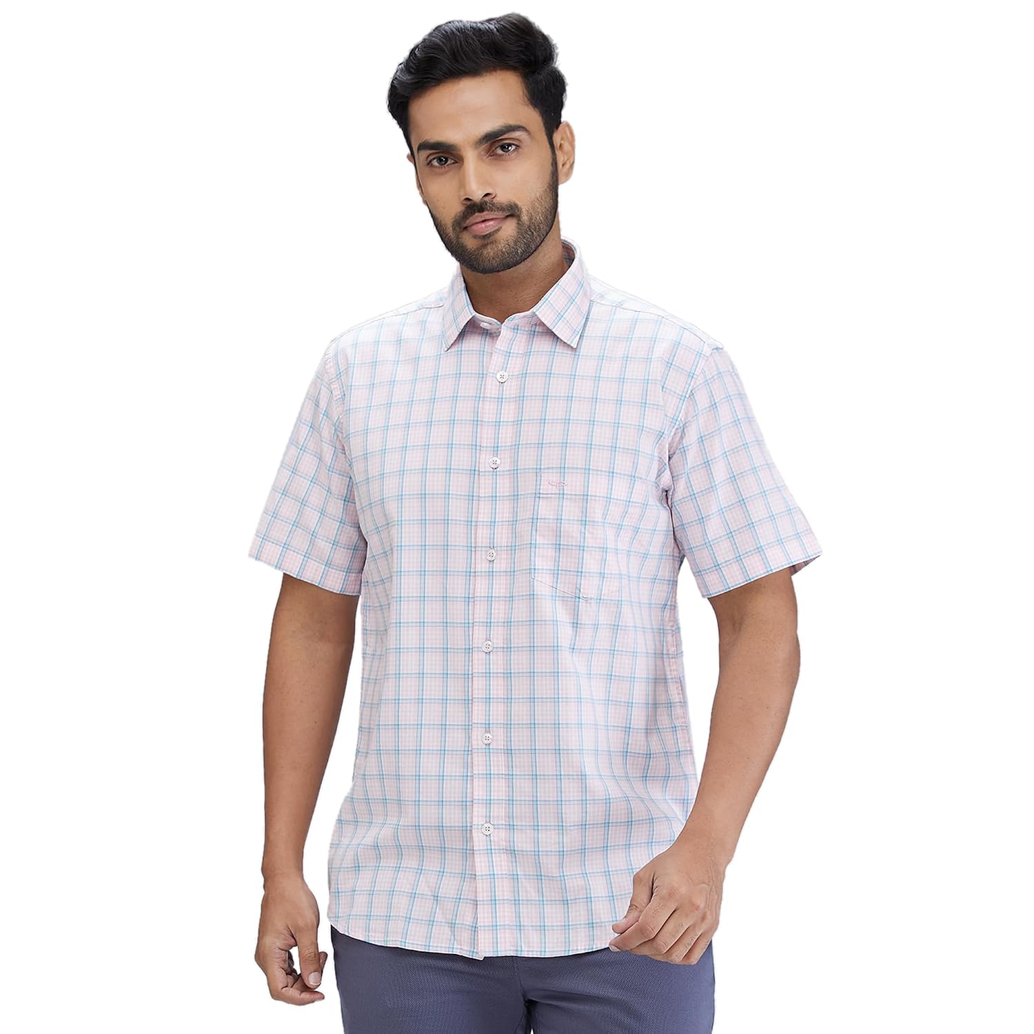 Colorplus Men's Tailored Fit Checks Pattern Pure Cotton Spread Collar Half Sleeve Casual Shirt