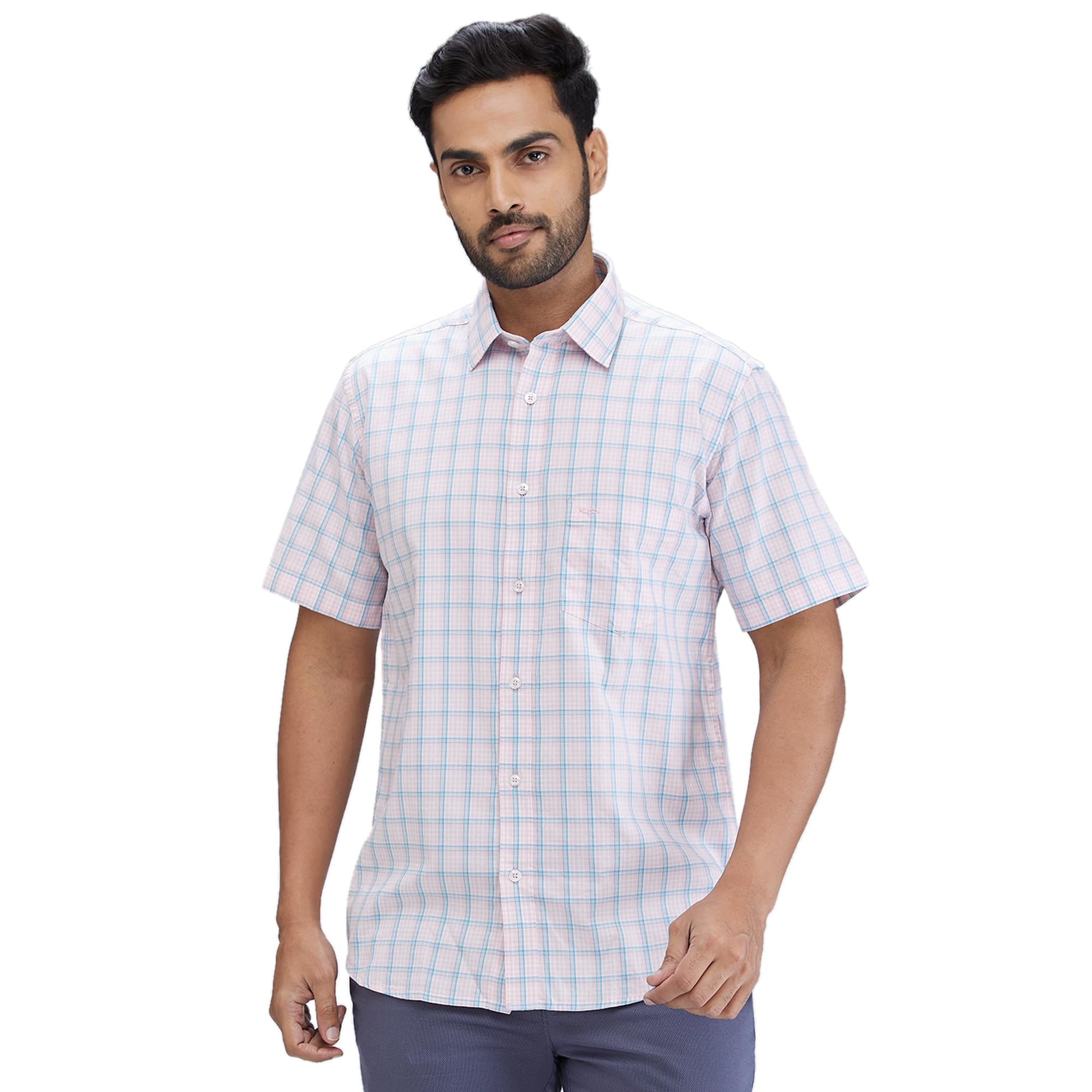 colorplus Men's Tailored Fit Checks Pattern Pure Cotton Spread Collar Half Sleeve Casual Shirt-picture-27
