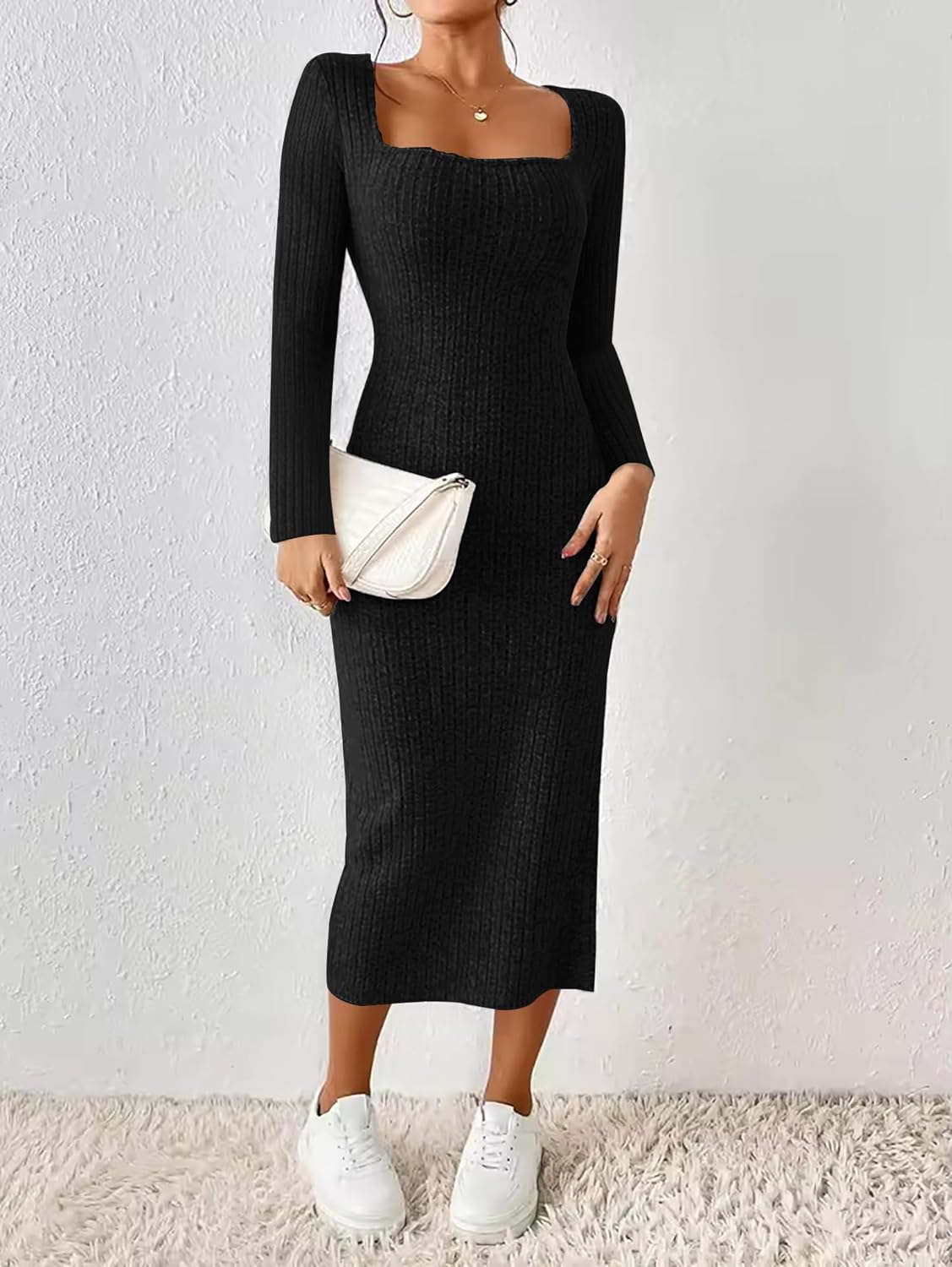 ETCYY NEW Womens Fall Dresses Square Neck Knitted Elastic Basic Spring Bodycon Versatile Slit Dress - Image 4