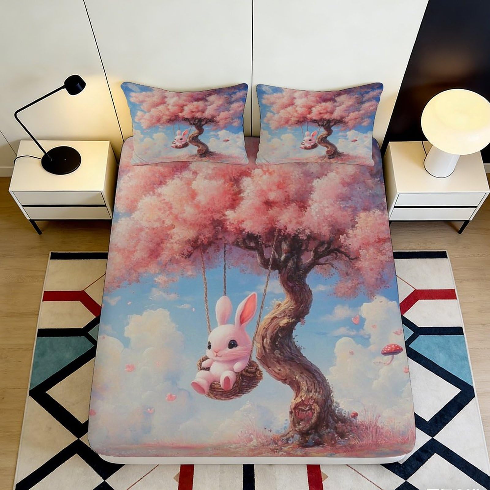 3D Printed Pink Cherry Blossom Bunny Fitted Sheet Microfiber Soft Non-slip Bed Cover for Bedroom Decor Adults Teens 90x200x25cm