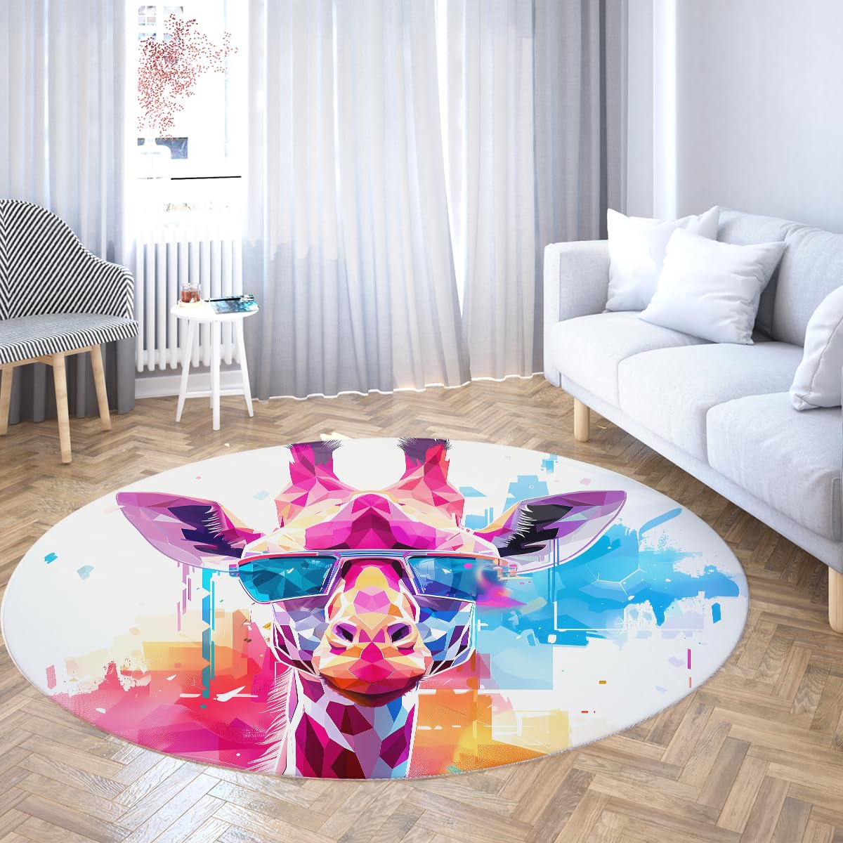 Nowoczesny okrągły dywan 110 cm, geometryczny wzór żyrafy w okularach przeciwsłonecznych, składany, antypoślizgowy, odporny na plamy, nadający się do prania, okrągły dywan do pokoju