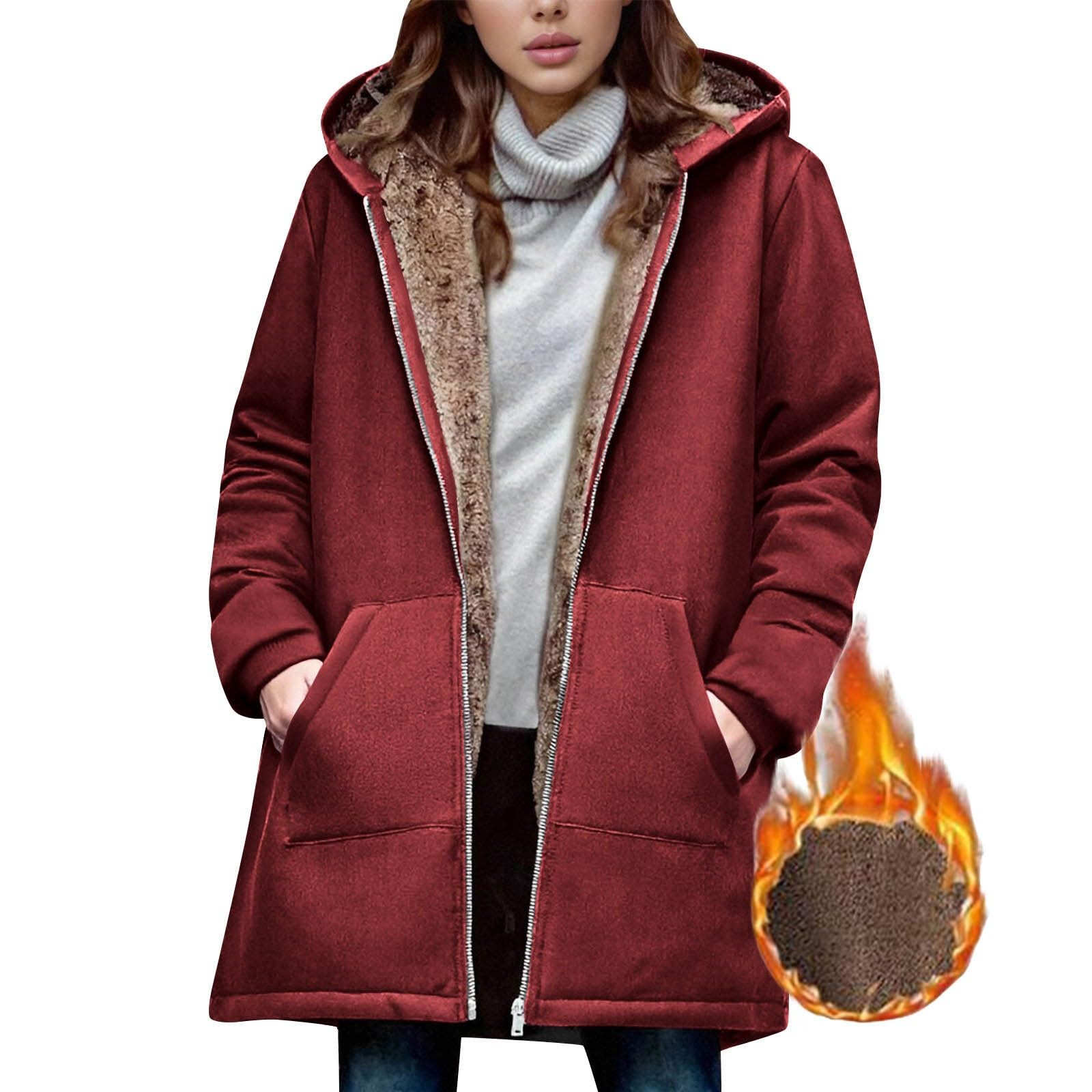Generisch Cappotto invernale da donna, lungo, con calda imbottitura, parka invernale, caldo, trapuntato, in pile, giacca invernale a maniche lunghe, antivento, per esterni, con cappuccio
