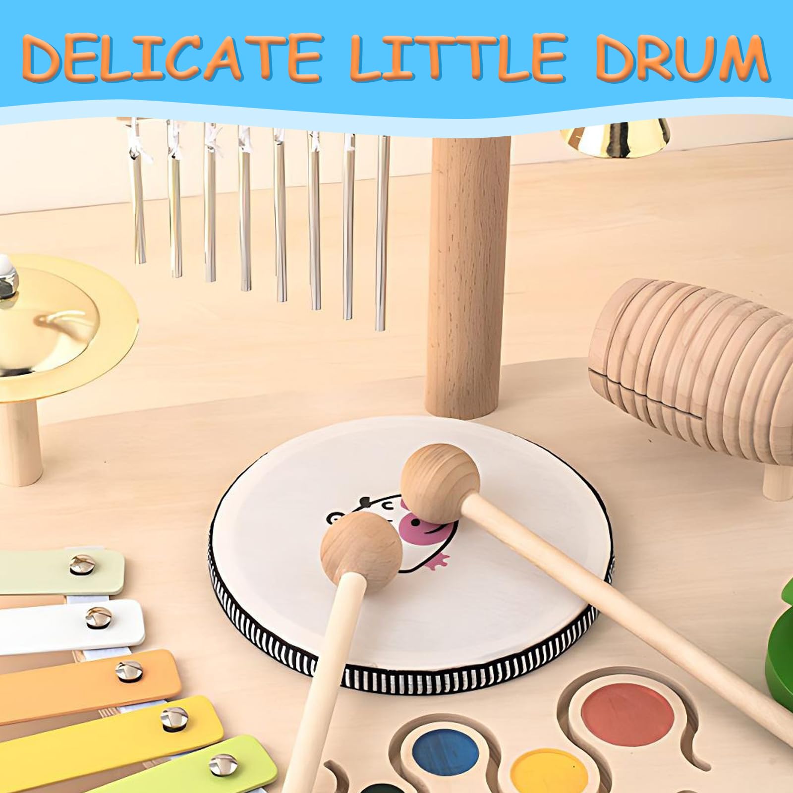 Drum Set for Children Made Of Wood 8 In 1 Music Children's Toy, Montessori Learning Toy Drum Set including Xylophone - Image 3