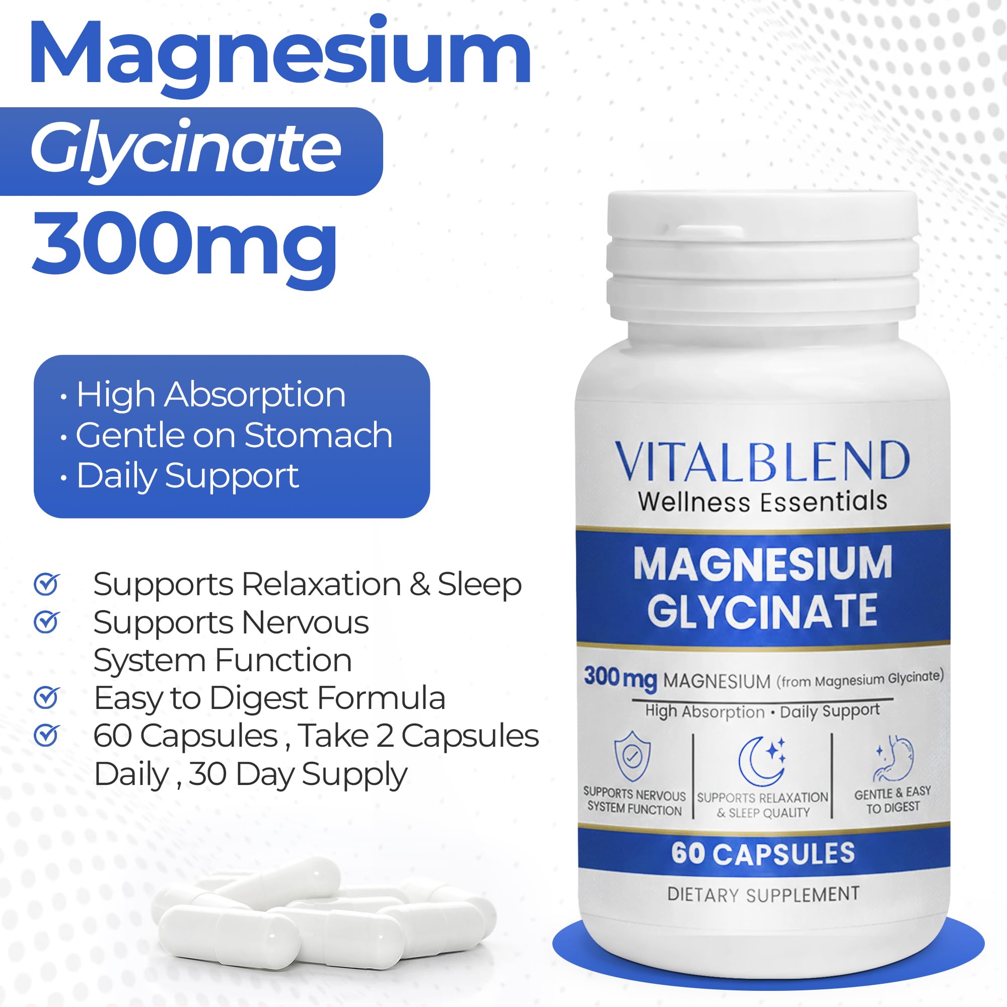 Magnesium Glycinate 300mg Capsules – Chelated Magnesium Supplement for Sleep, Relaxation & Muscle Function Support – Gentle on Stomach, Non-GMO, Lab Tested, 60 Capsules — Amazon image 2