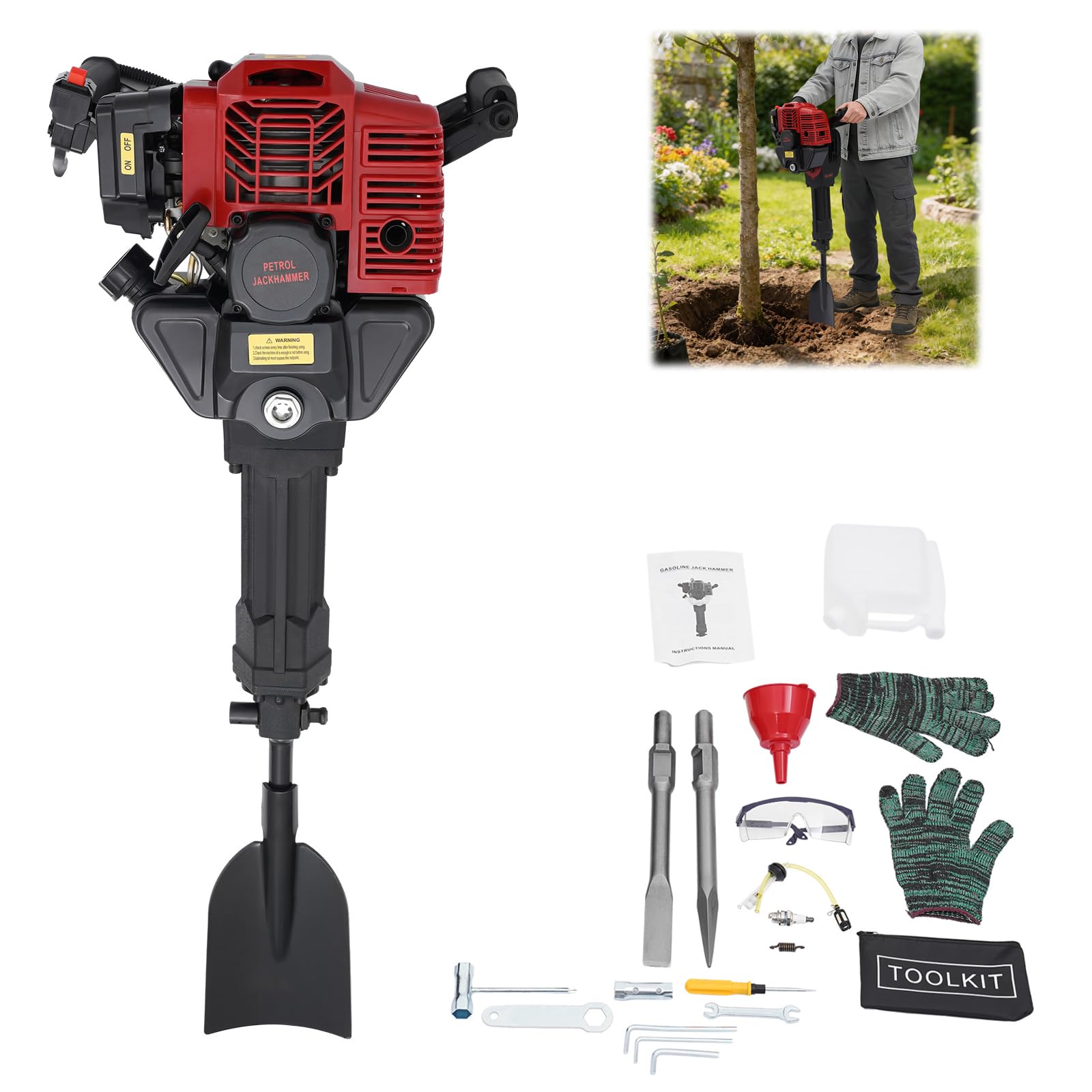 Escavatore per alberi da giardino, 52 cc, a 2 tempi, 1900 W, a benzina, 3 in 1, multifunzione, con pala larga, zappa a punta e zappa piatta, per piantare alberi da giardino
