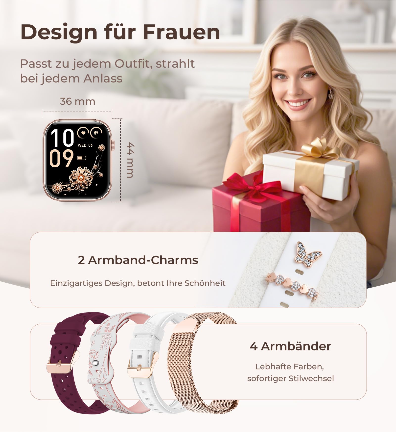 Iaret Smartwatch Damen, 4 Armbänder + 2 Charms, 1,83" HD Touchscreen Armbanduhr, Bluetooth Anrufe, 100+ Sportmodi Fitness Tracker, Schrittzähler/SpO2/Schlaf/Menstruation, iOS/Android, Weiß