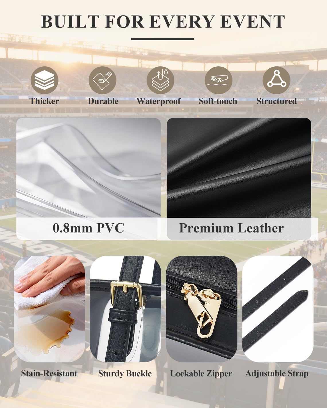 Clear Bag for Stadium Events, Women's Clear Purse Shoulder Bag with Anti Theft Zip for Gym Concert Sports Festivals | Anti Theft Zipper, adjustable strap, 0.8mm thicker pvc, bowling-shape