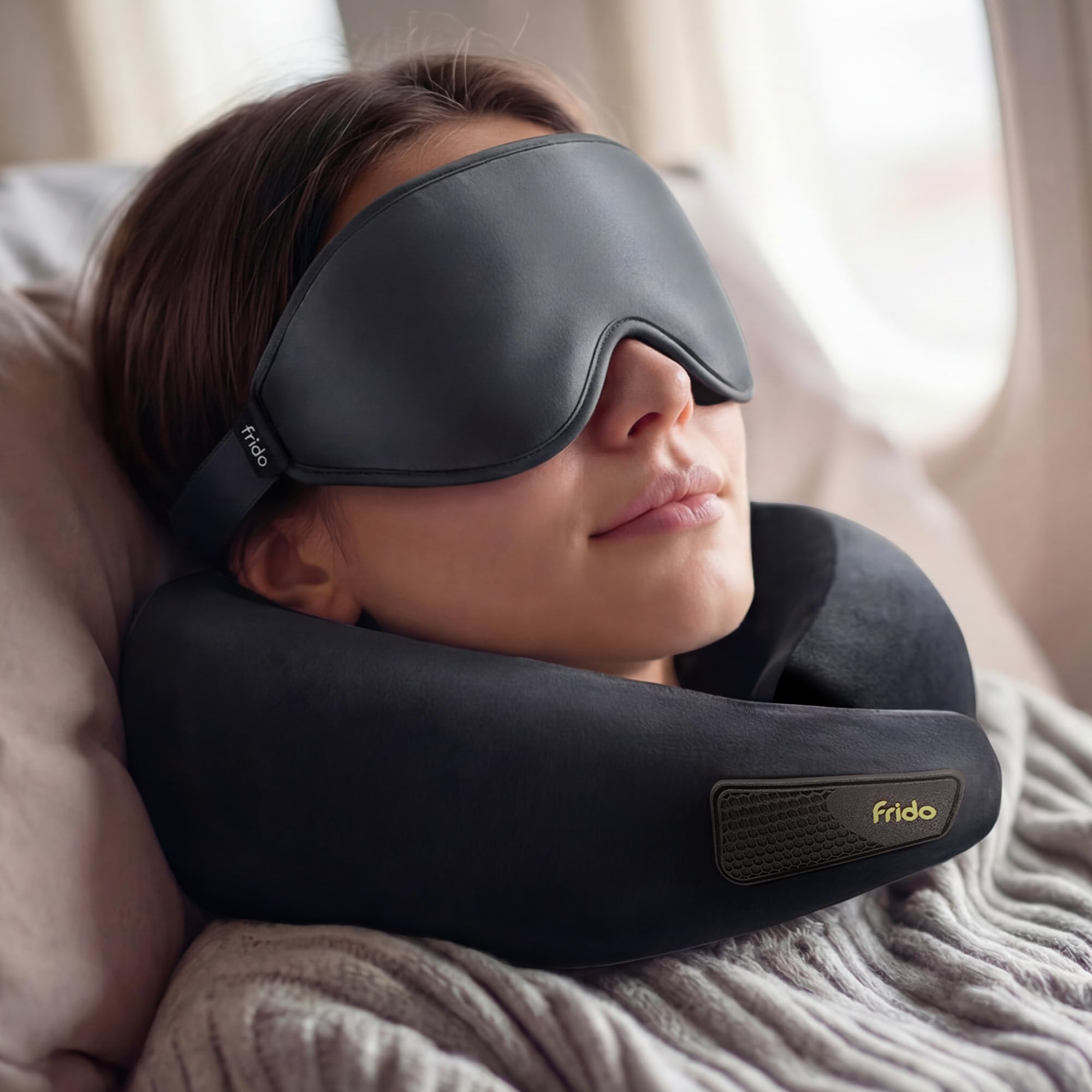 Frido Travel Comfort Combo – 3D Blackout Eye Mask & Memory Foam Travel Neck Pillow with Free Travel Pouch for Men & Women | Adjustable Strap Eye Cover & Neck Support Pillow for Flights, Car, Train Tra-picture-9