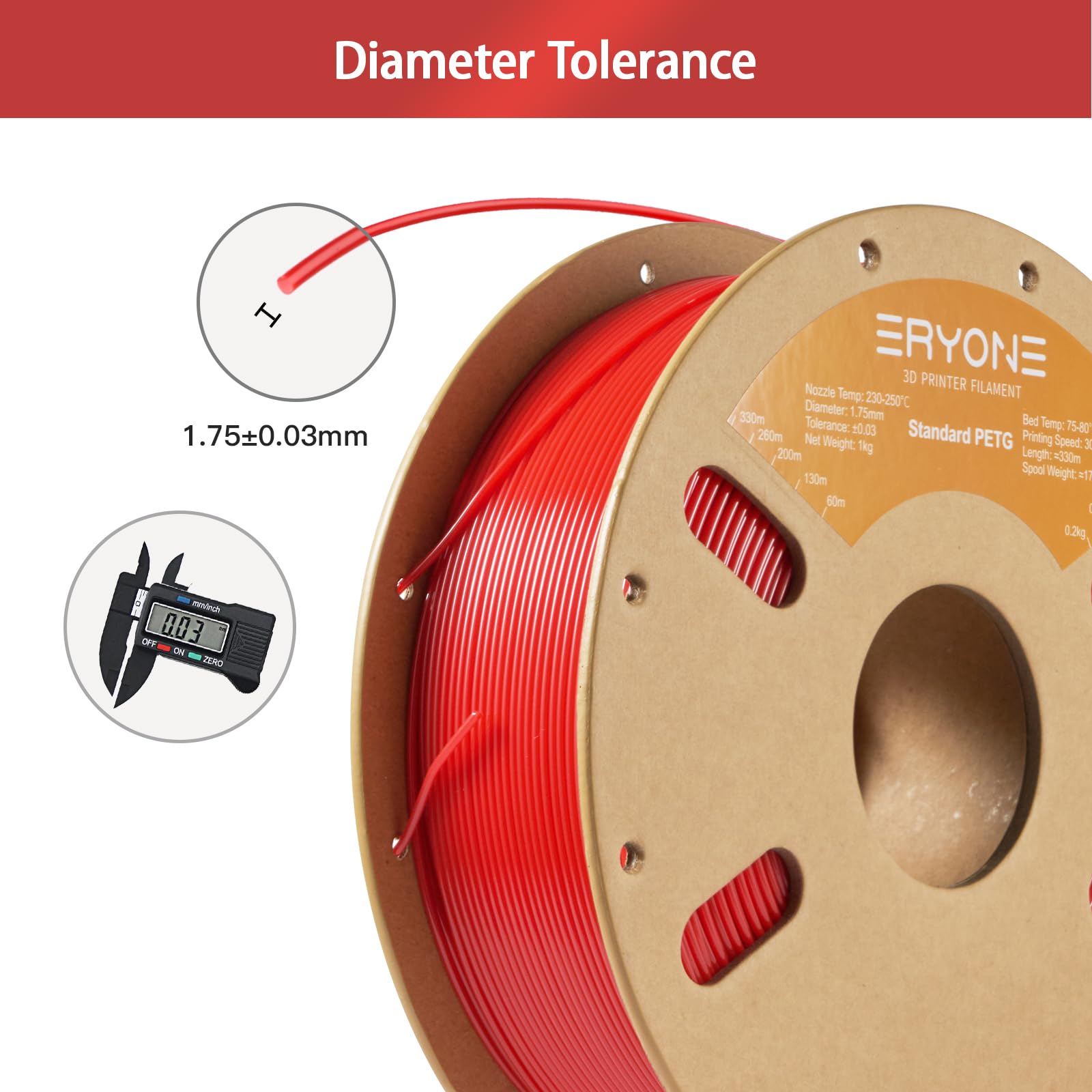 ERYONE PETG Filament 1.75mm, Filament PETG for 3D Printer 1KG, +/-0.03mm, Red