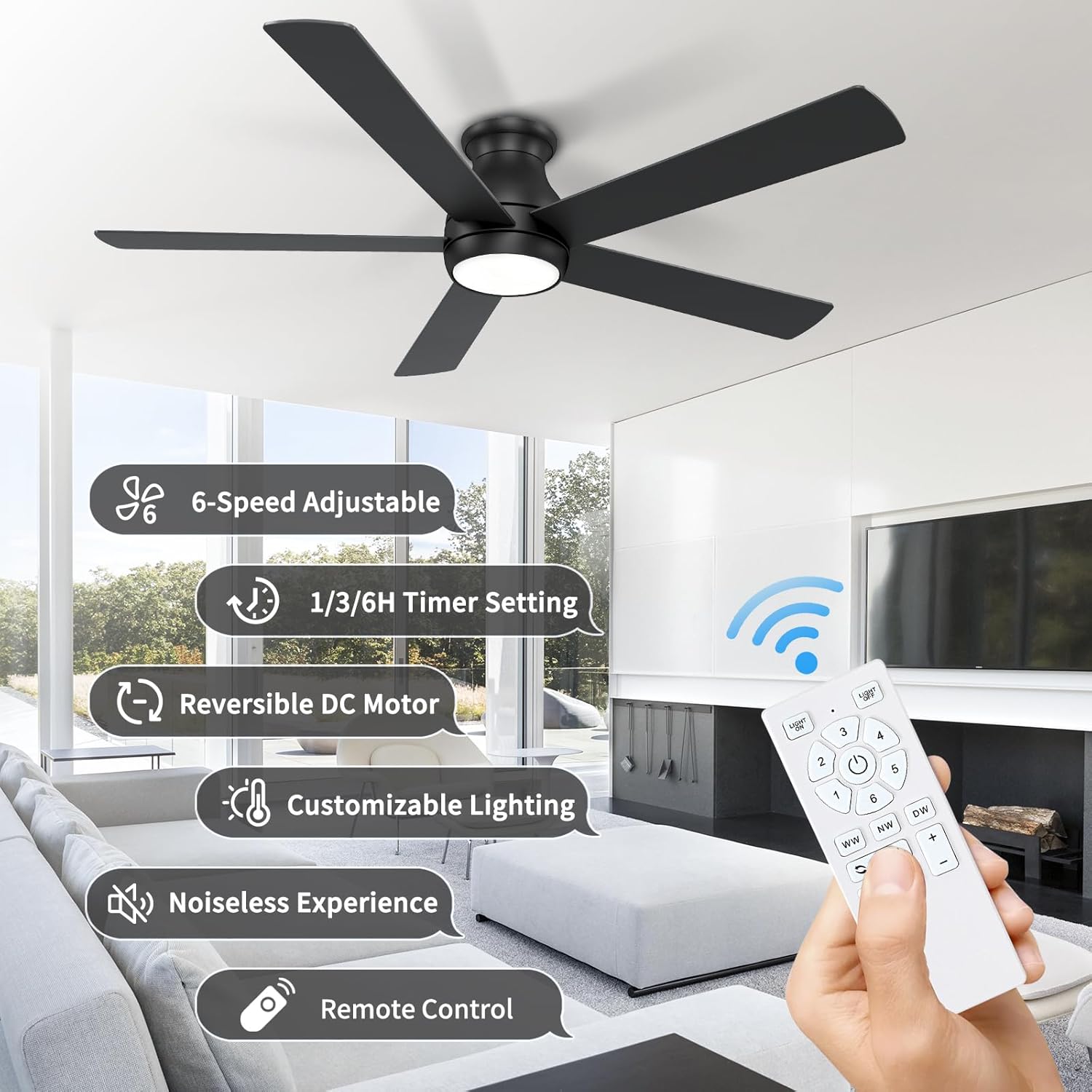 POCHFAN 60 Inch Black Ceiling Fans with Lights and Remote, LED Low Profile Flush Mount Ceiling Fan for Bedroom, Living Room, Quiet DC Motor, Dimmable 6 Speeds