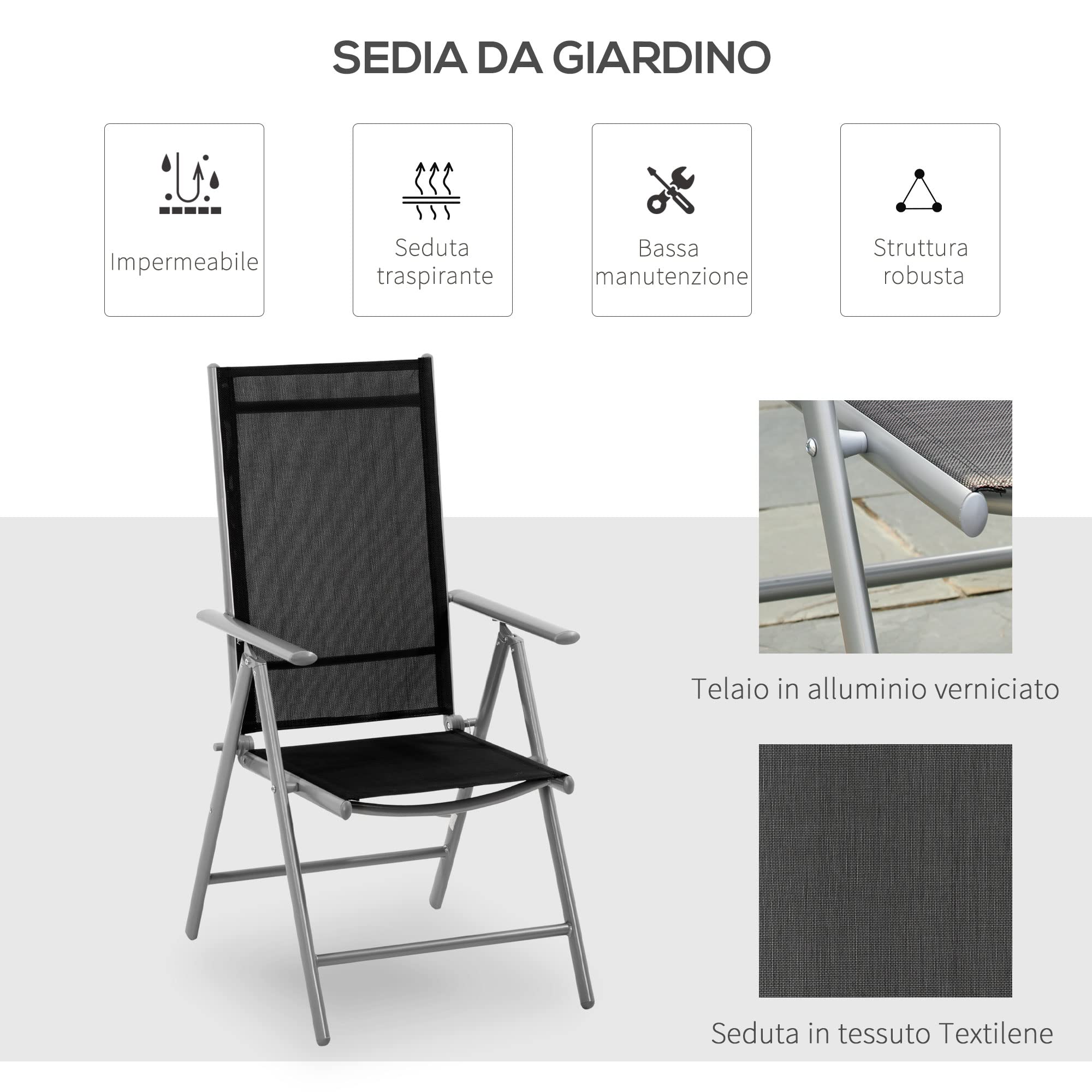 Outsunny Sedia da Giardino Pieghevole Alluminio Texteline Schienale Regolabile 7 Livelli Nero 65x55x85-105cm