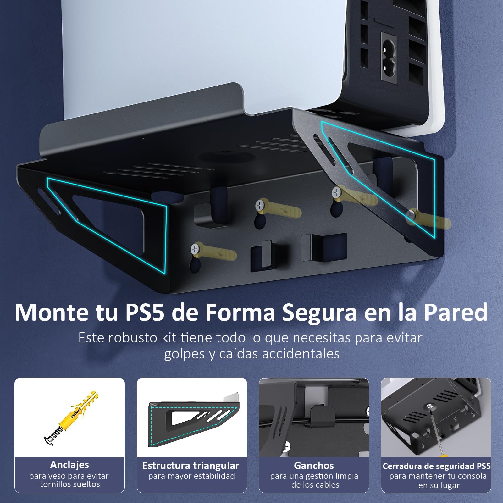 NexiGo Soporte de Pared para PS5 con Estación de Carga para PS5 (Todas Las Versiones) y Nuevas Consolas PS5 Slim, Mandos DualSense_Edge y Regulares