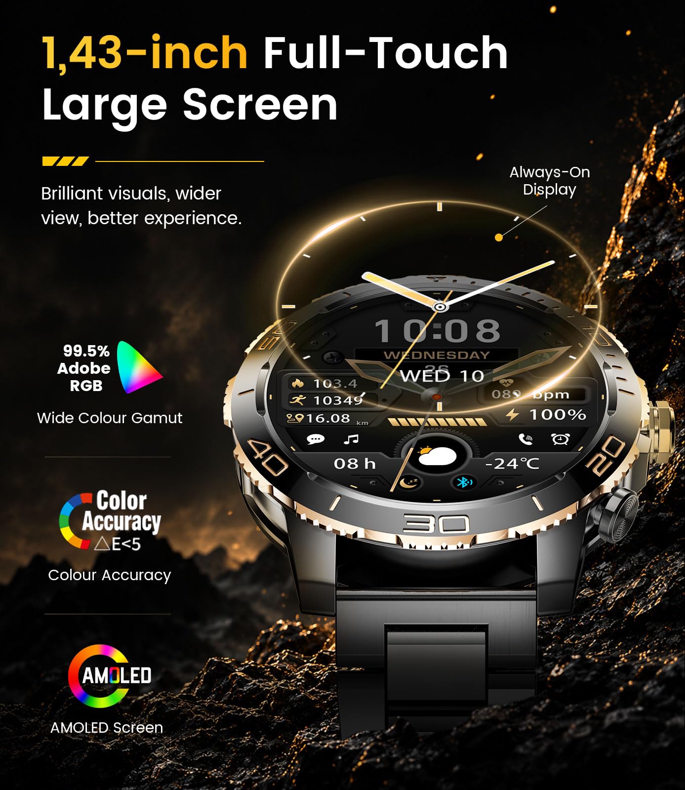 Montre Connectée Homme, 1,43"AMOLED Smartwatch avec Lampe Torche, Appels Bluetooth, 800 mAh, IP68 Étanche, 200+ Modes Sportifs, Suivi de la Fréquence Cardiaque et Sommeil iOS/Android, Noir