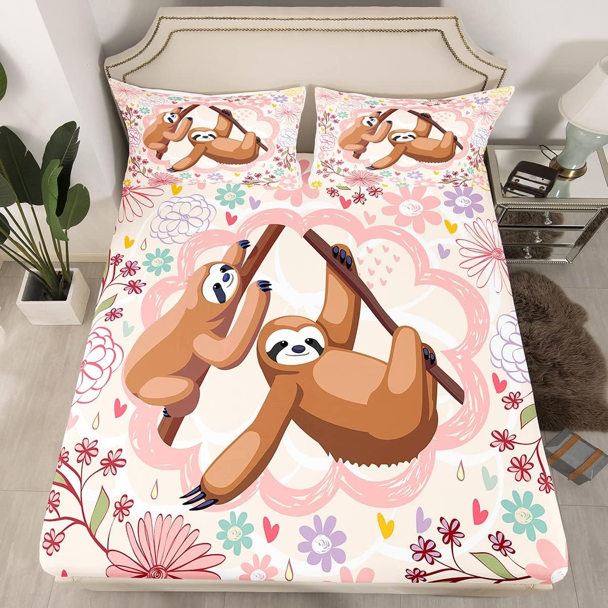 Feelyou Cute Sloth Bed Sheet Set Kawaii Animal Bedding Set Vintage Flower Fitted Sheet Botanical Floral Pink Flat Sheet for Kids Boys Girls Adults Full Size with 2 Pillow Case