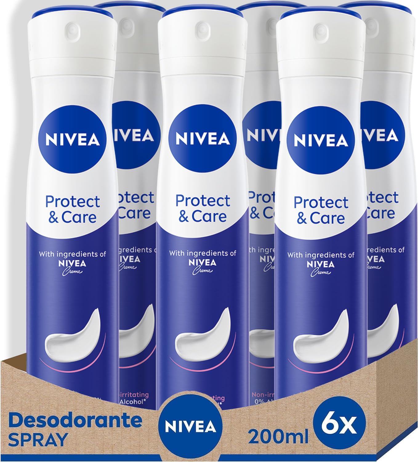 NIVEA Protect & Care Spray en pack de 6 (6 x 200 ml), desodorante antitranspirante con el aroma de NIVEA Creme, spray desodorante con 0% alcohol