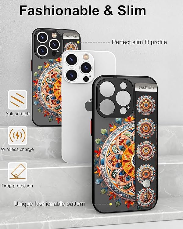 Cisland Compatible for iPhone 14 Pro Case Cute with Strap Stand Finger Kickstand, Designer Cool Silicone Cases Funda Cover - Orange Flower Mandala by Cisland - Used condition - Image 5