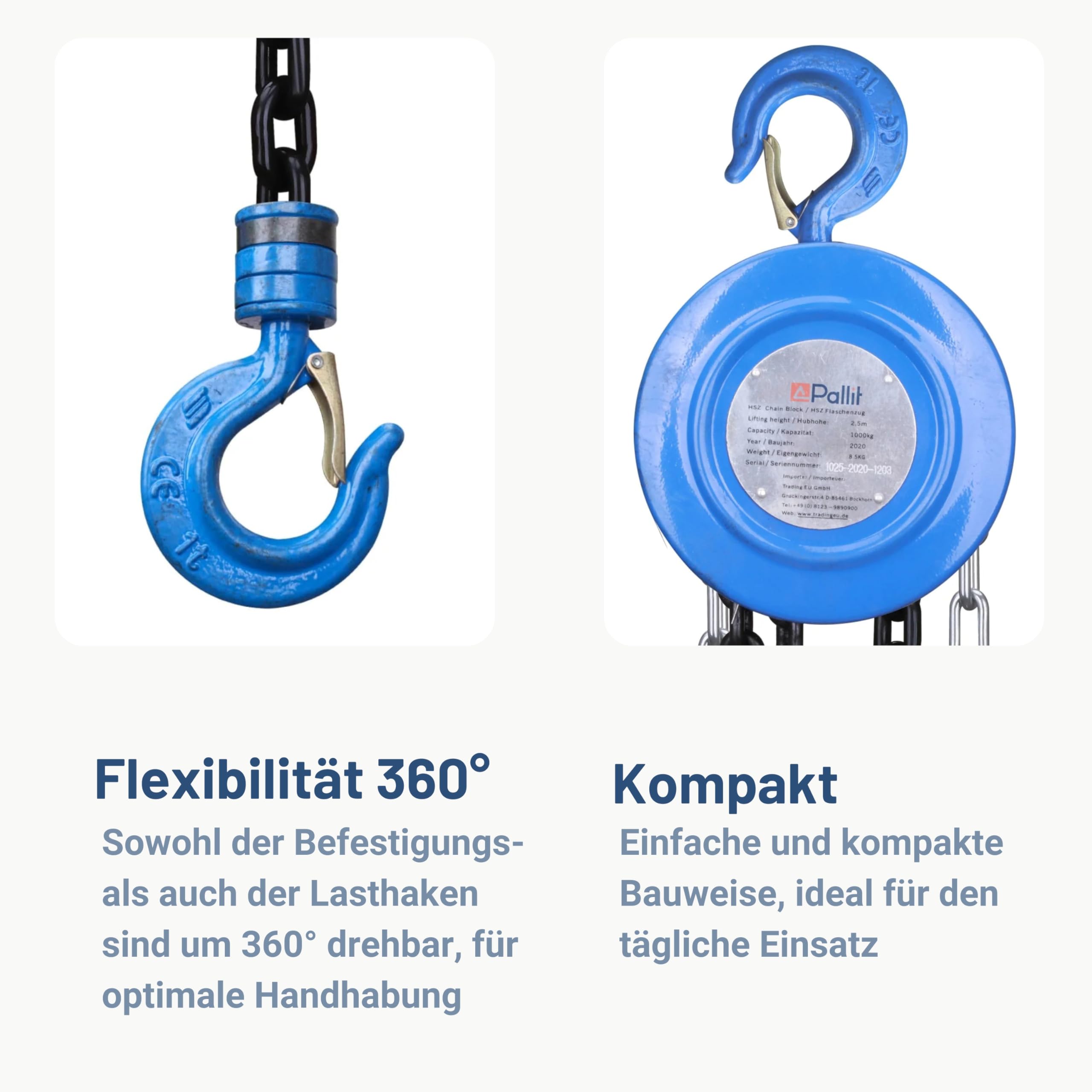 Pallit Kettenzug Flaschenzug 1000 kg Tragkraft mit 2,5 m langer Stahlkette Robuster Seilzug mit 360° drehbarer Haken, Mechanischer Lastbremse und Rücklaufsperre CHAIN-S