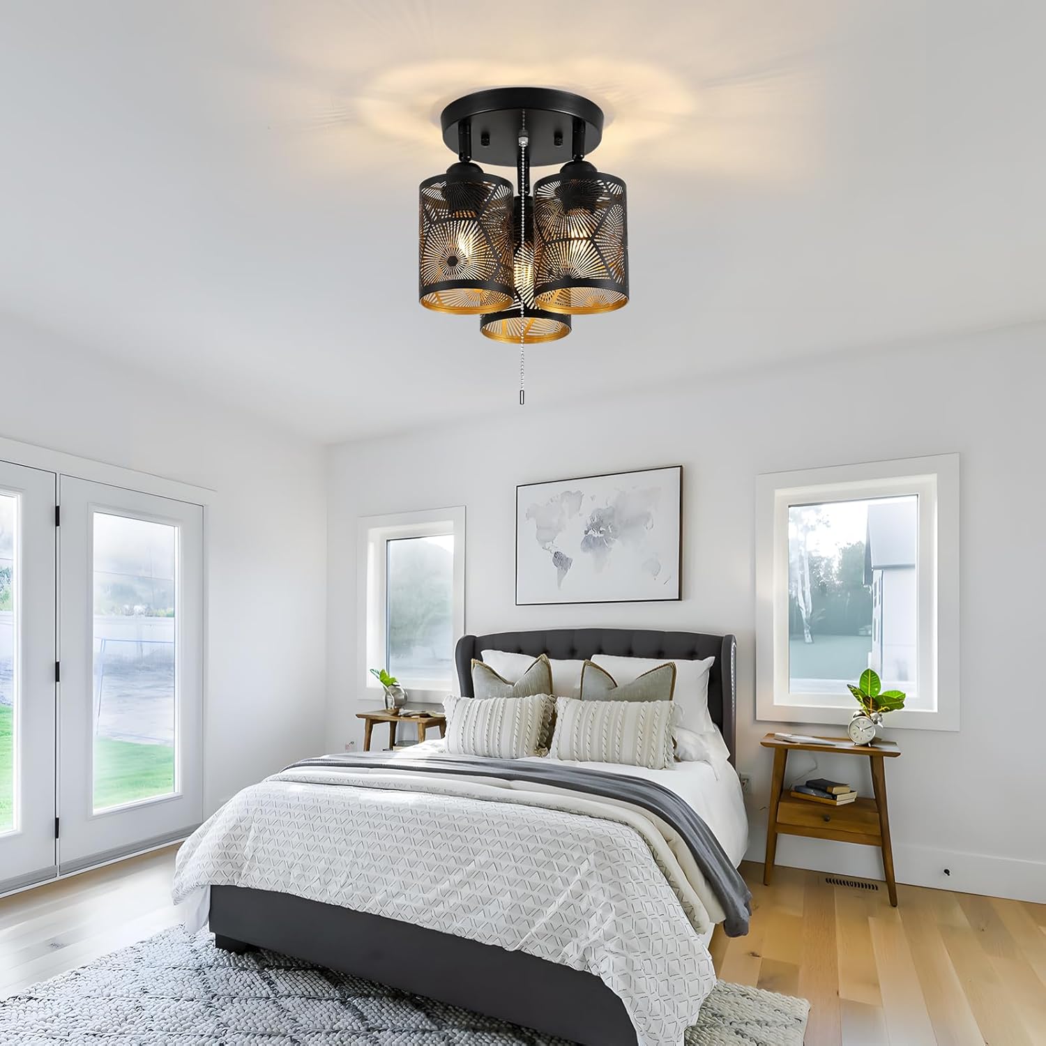 SEEBLEN 3 Light Modern Kitchen Ceiling Light with Pull Chain,Black Round Directional Ceiling Spotlight,Farmhouse Flush Mount Pull String Ceiling Light for Kitchen, Laundry, Bedroom, E26 Base.