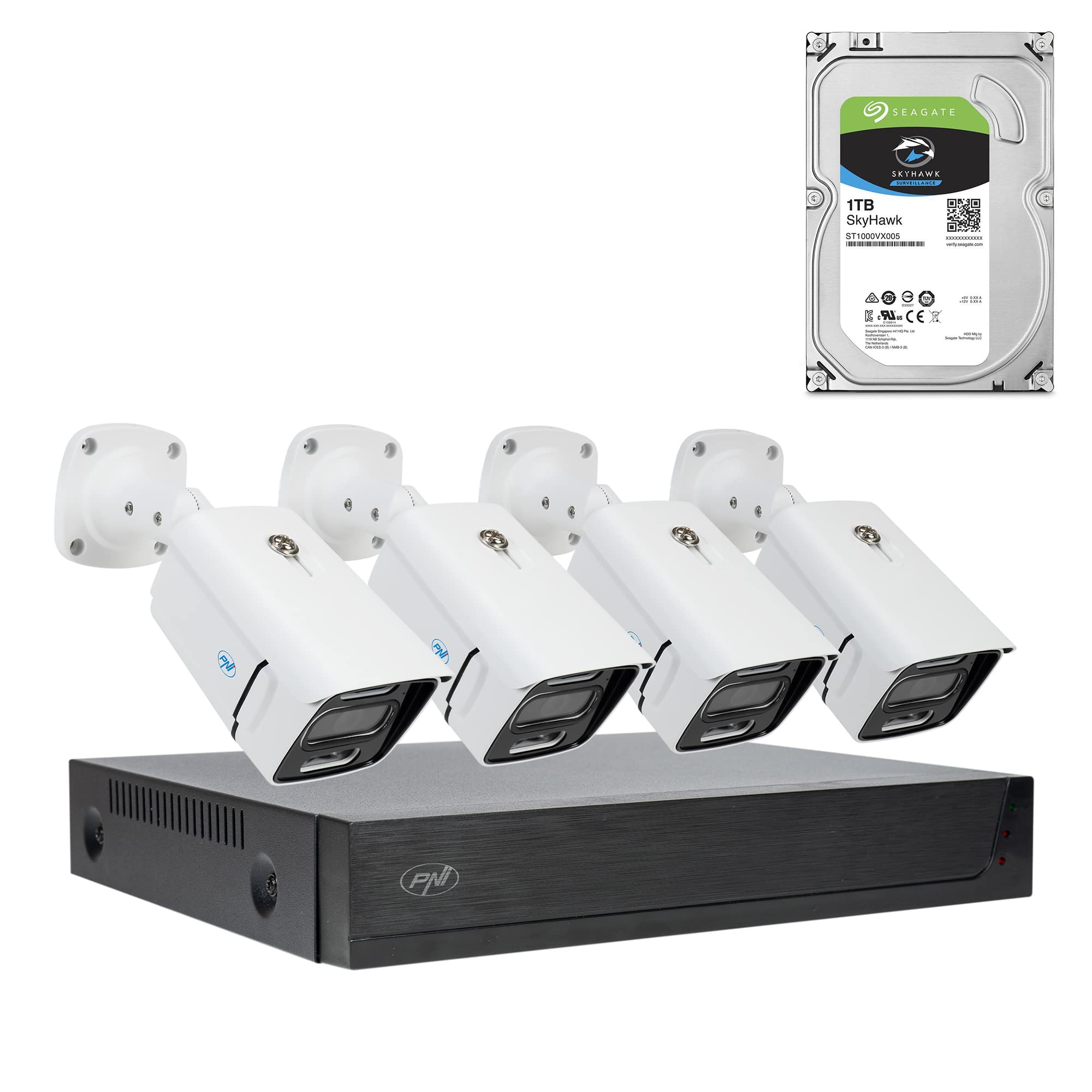 Kit de vidéosurveillance PNI House IPMAX POE 3LR, NVR avec 4 Ports POE et 4 caméras de Surveillance 3MP avec Disque Dur 1 to Inclus