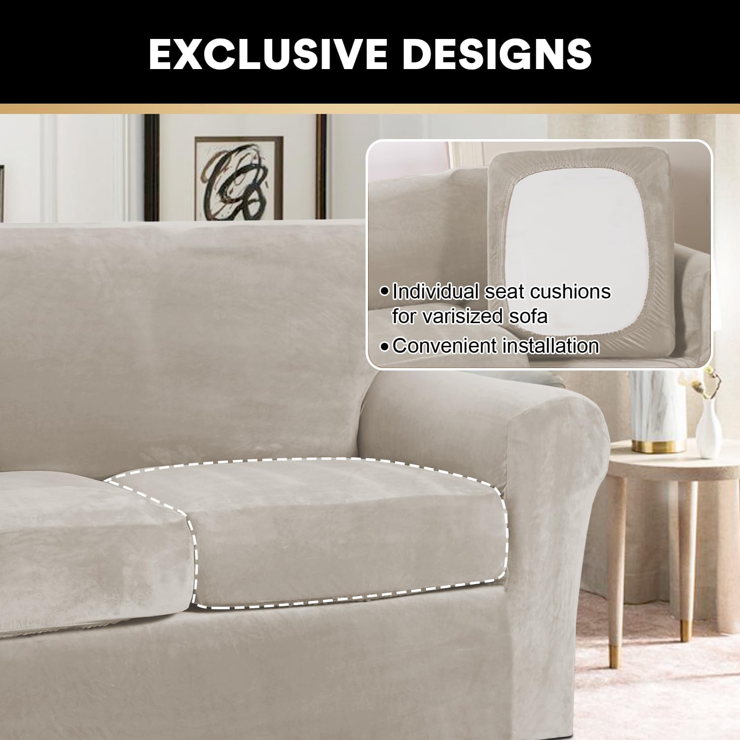 Real Velvet Stretch Chair Slipcovers Bundle 3/4 Pieces Sofa Covers, Furniture Protector, Plaid Pattern, Removable and Washable, Oatmeal