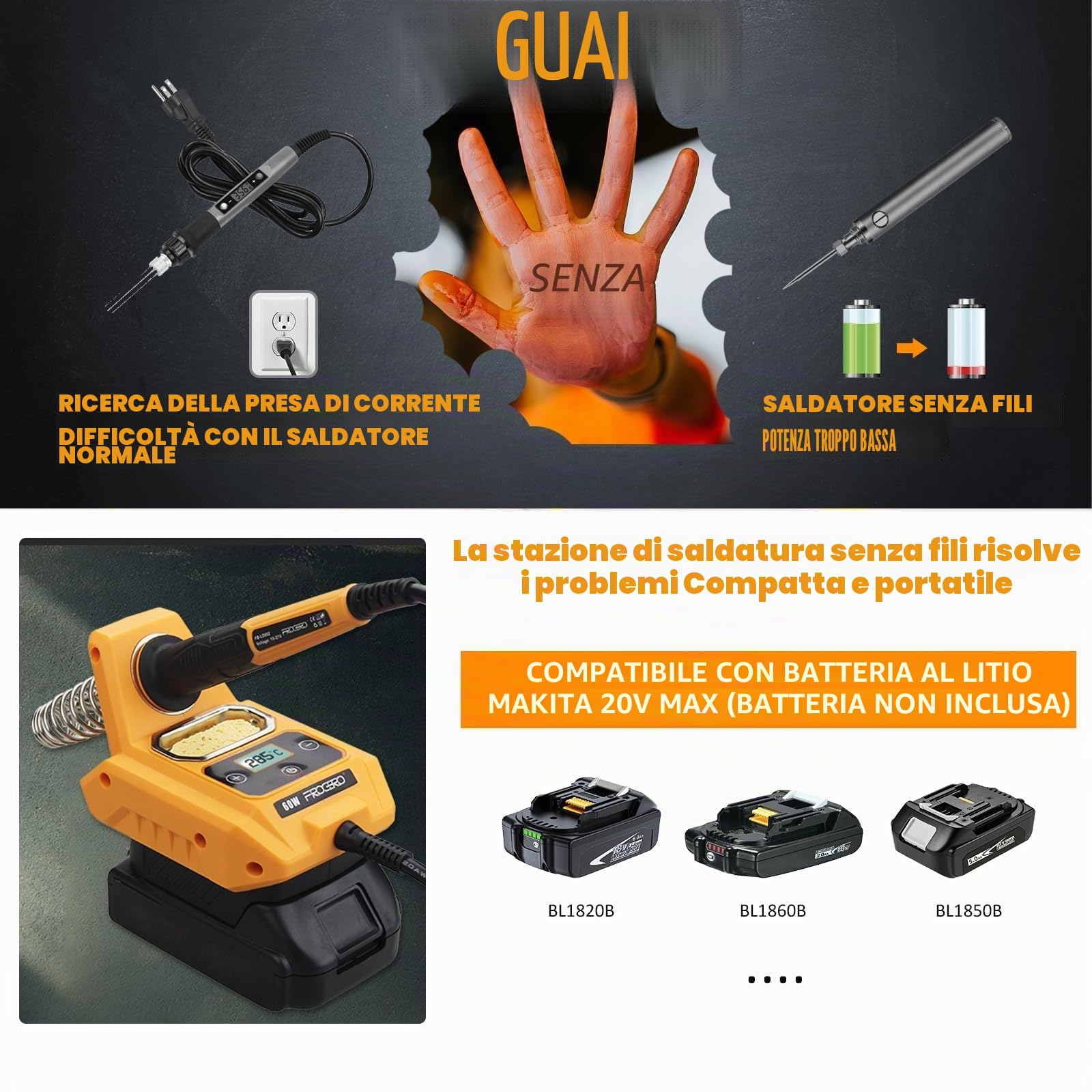 Stazione Saldatore a Batteria per Makita 20V Max Batteria, Temperatura Regolabile 100-500℃, Saldatore Portatile con 6 Punte e Display LED per Riparazioni Fai da Te (Batterie non Incluse)