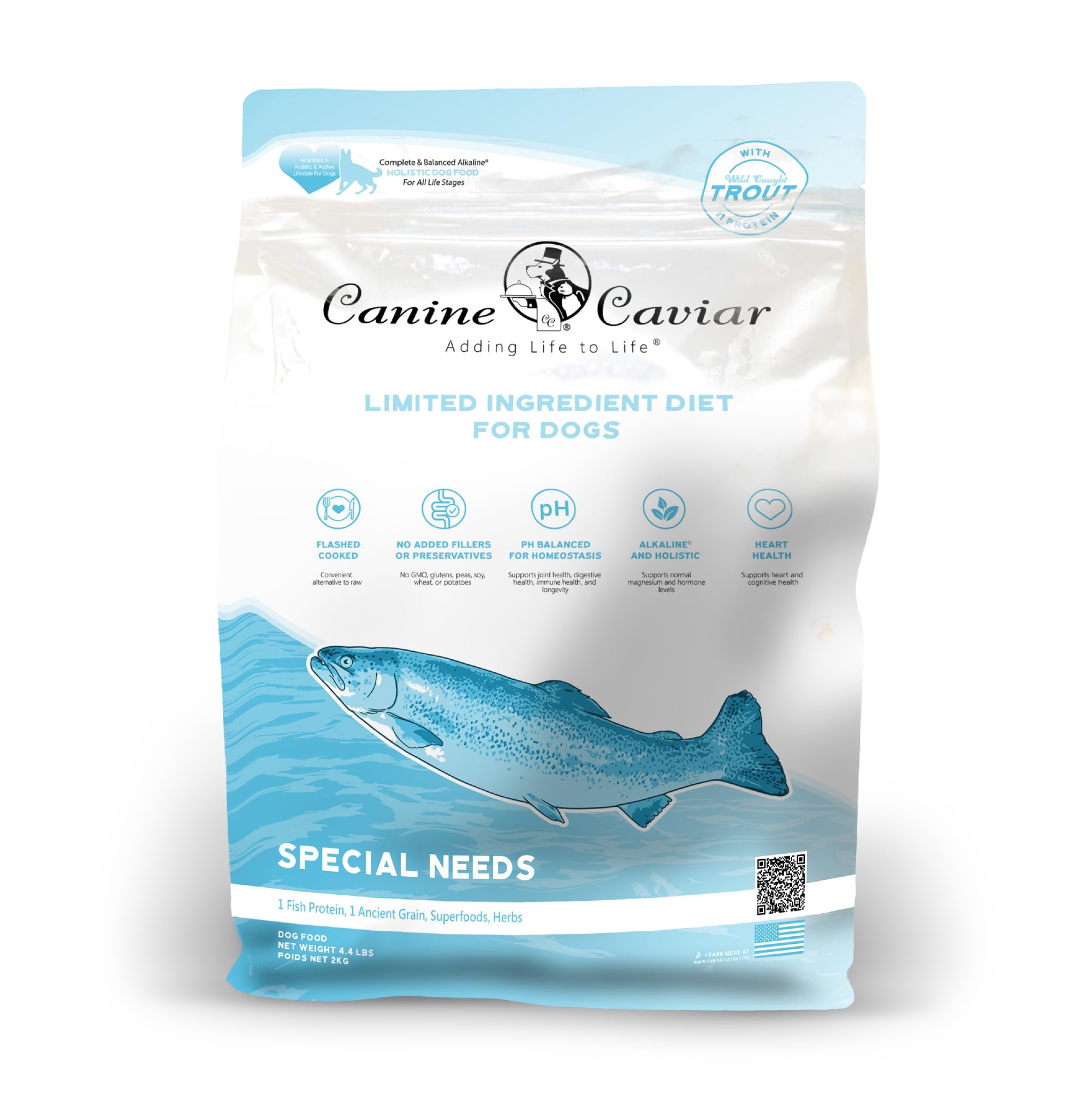 Canine Caviar - Special Needs: Trout & Whole Ground Oats, Alkaline Dry Dog Food, Limited Ingredients, Gluten-Free, Based on Science & Research,