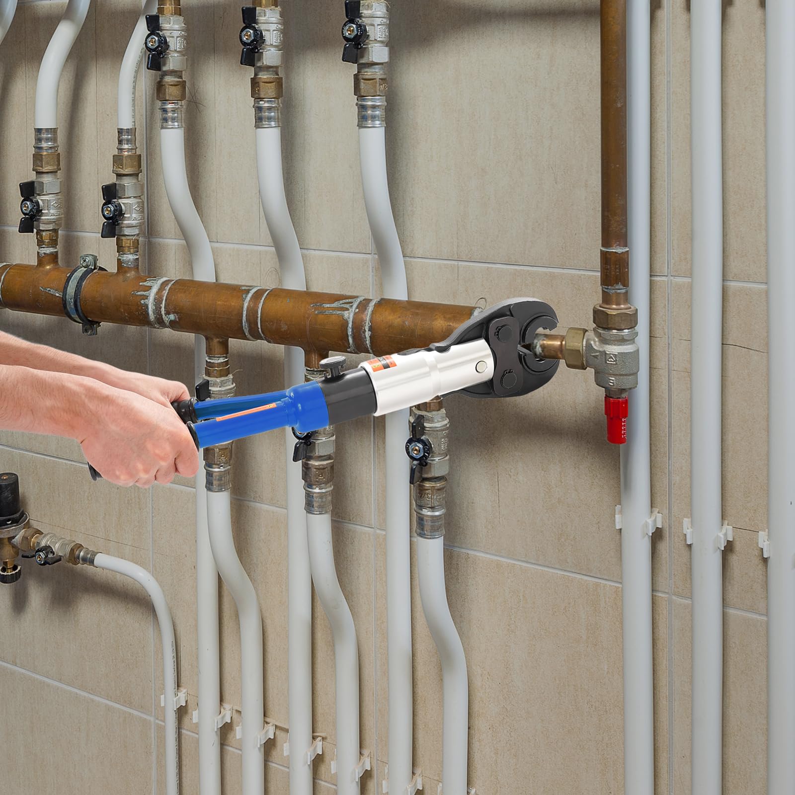 Hydrauliczne szczypce zaciskowe do rur z 9 szczękami zaciskowymi V/TH do | Hydrauliczne szczypce zaciskowe do rur 10T z 9 szczękami zaciskowymi (V12-28/TH16-32) w walizce do miedzi
