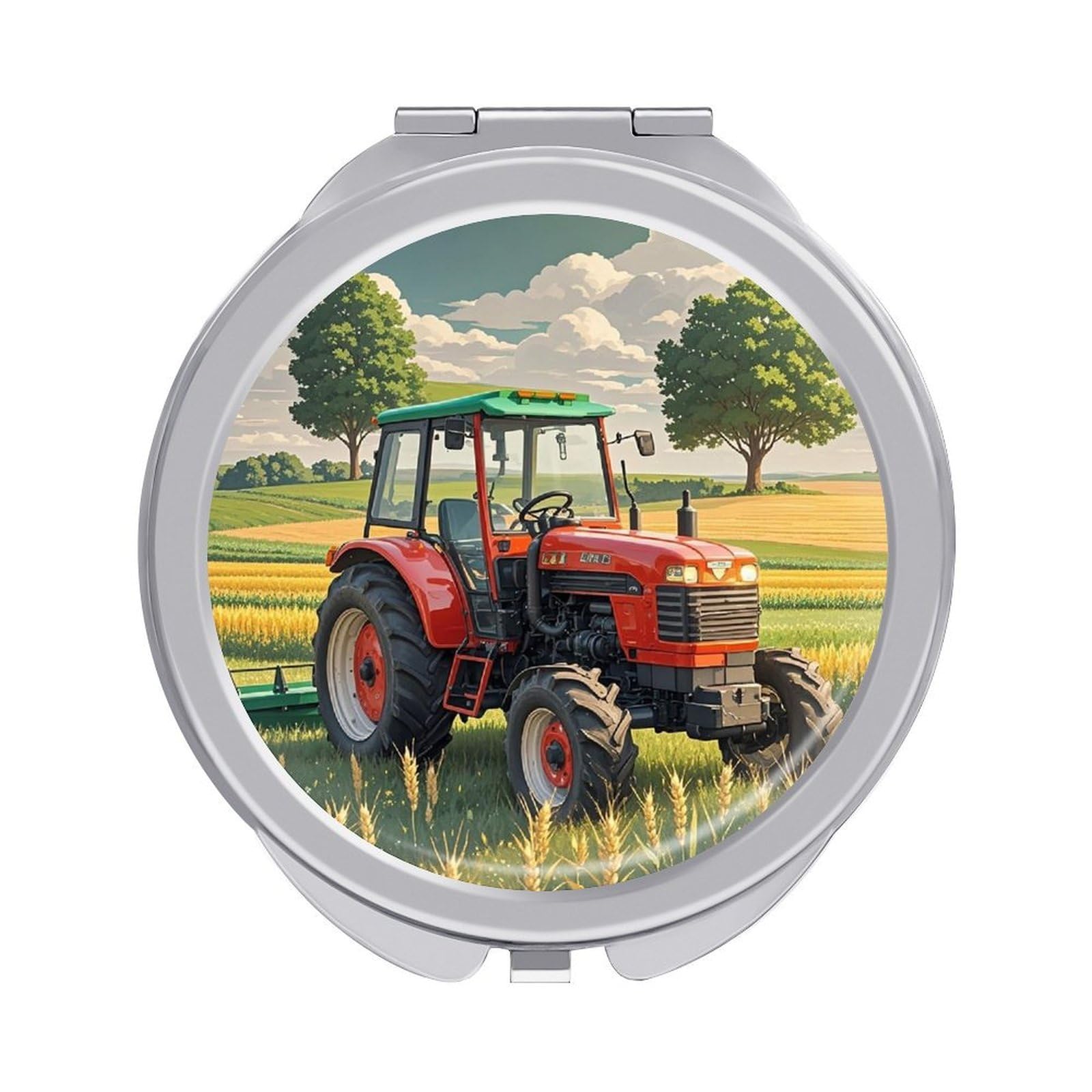 FekiLoot Tractor Theme Travel Makeup Mirror for Women Folding Portable Hand Compact Mirrors Small Round Vanity Mirror 1X/2X Magnifying Metal Pocket Makeup Mirrors