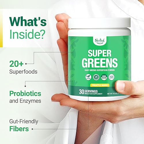 Miniatura 3 de Nested Naturals Super Greens Polvo de Superalimento Diario - Polvo Verde Certificado USDA Orgánico con Alimentos Integrales, Espirulina, Hierba de