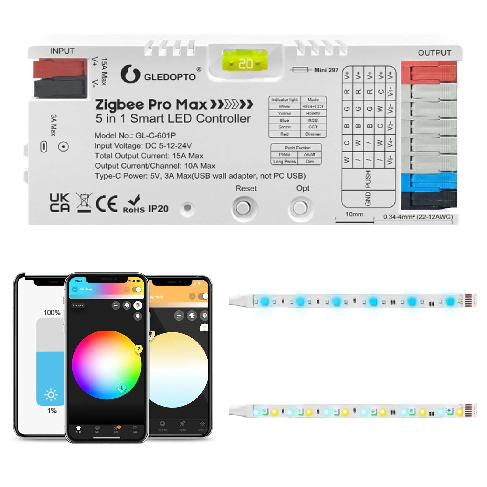 GLEDOPTO ZigBee 3.0 LED Controller 5 in 1 RGBCCT RGBW RGB CCT Dimmer Farbe Weißlicht 20A Steckbare Sicherung App Sprachsteuerung Kompatibel mit Alexa H*ue Tuya Smart Life APP Steuerung